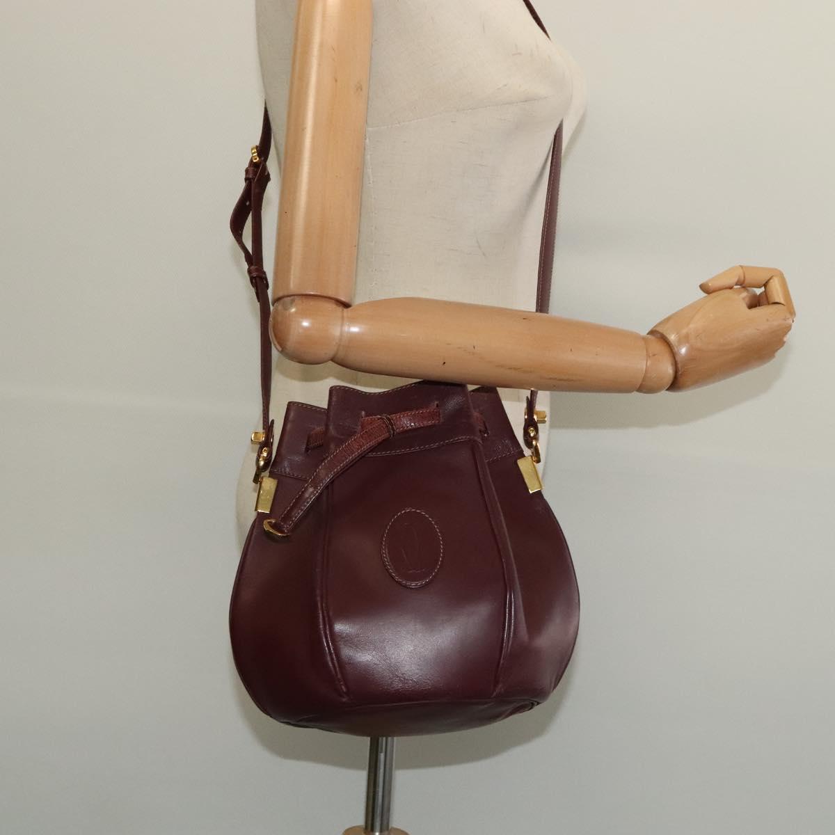 CARTIER Shoulder Bag Leather Bordeaux Gold Auth 139752