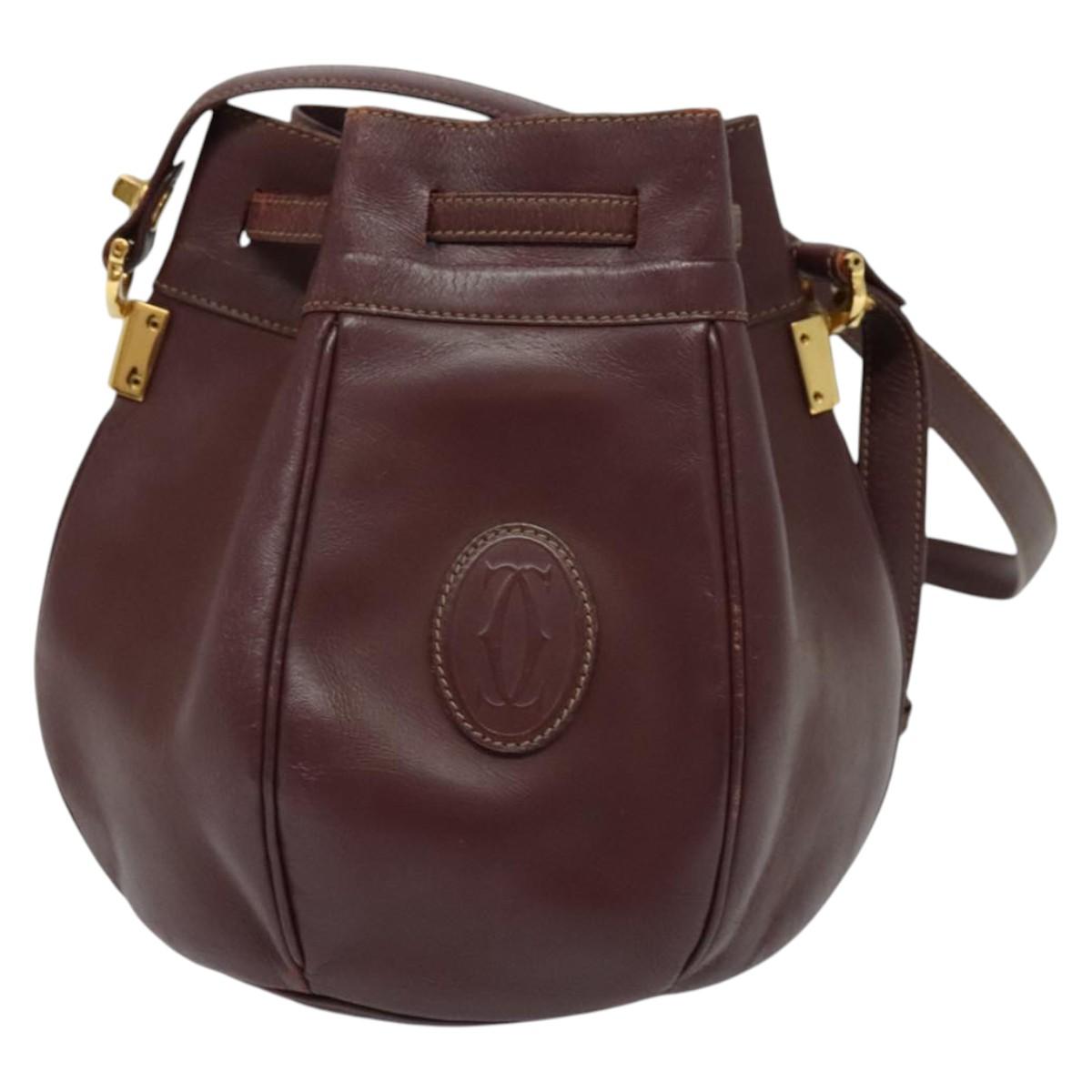 CARTIER Shoulder Bag Leather Bordeaux Gold Auth 139752