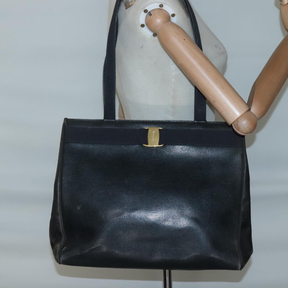 Salvatore Ferragamo Vala Tote Bag Leather Black Gold Auth 139754