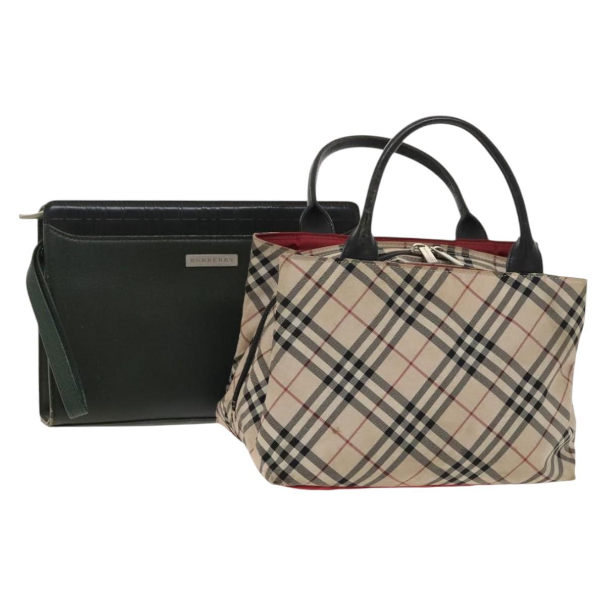 BURBERRY Nova Check Bag Nylon Leather 2Set Beige Green Auth 139805