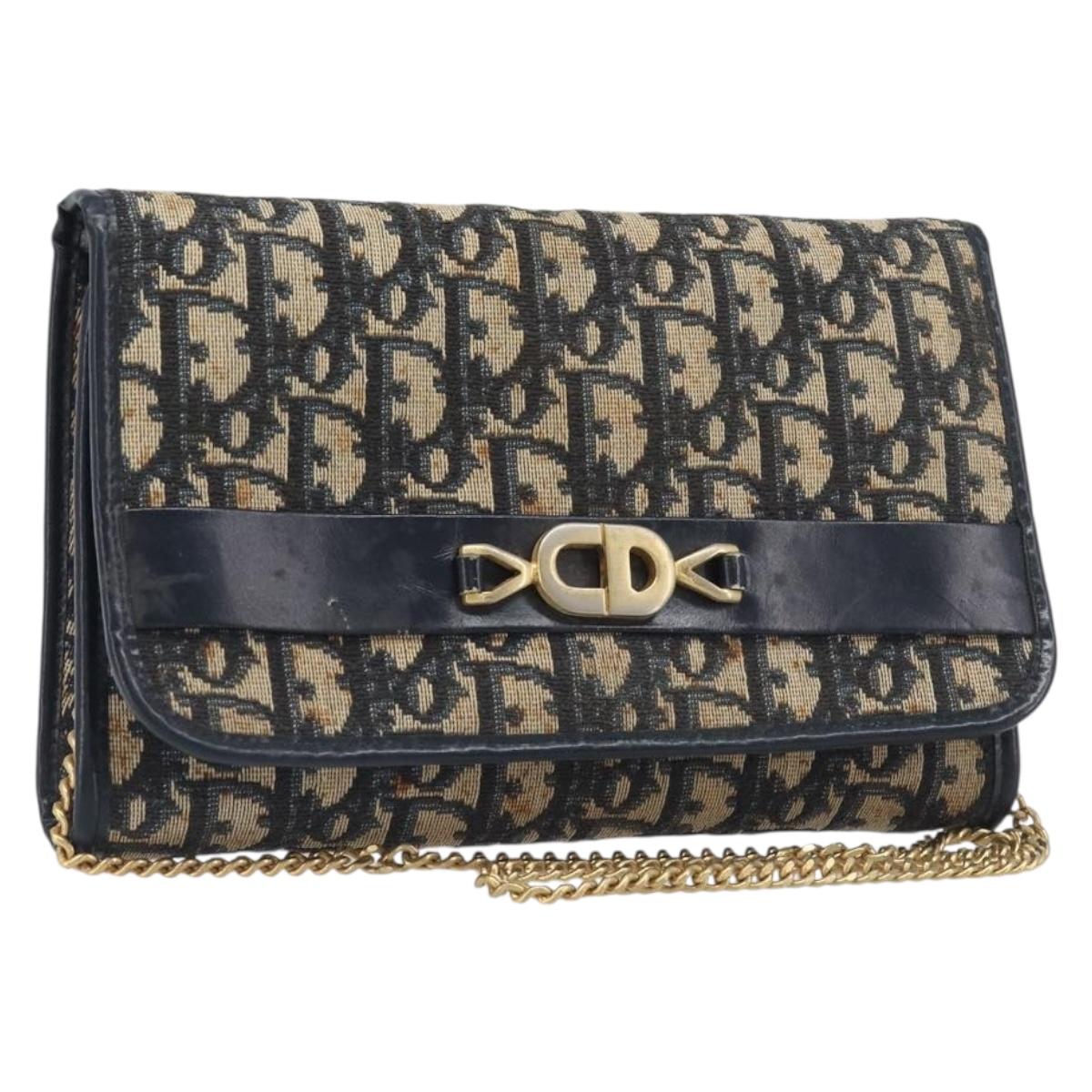 Christian Dior Trotter Canvas Chain Shoulder Bag Navy Gold Auth 139814
