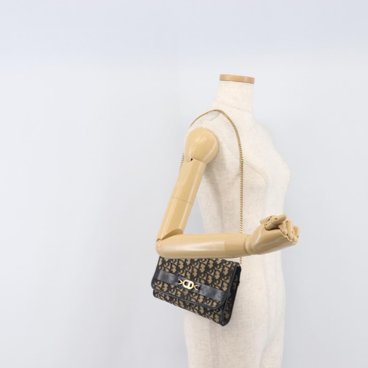 Christian Dior Trotter Canvas Chain Shoulder Bag Navy Gold Auth 139814