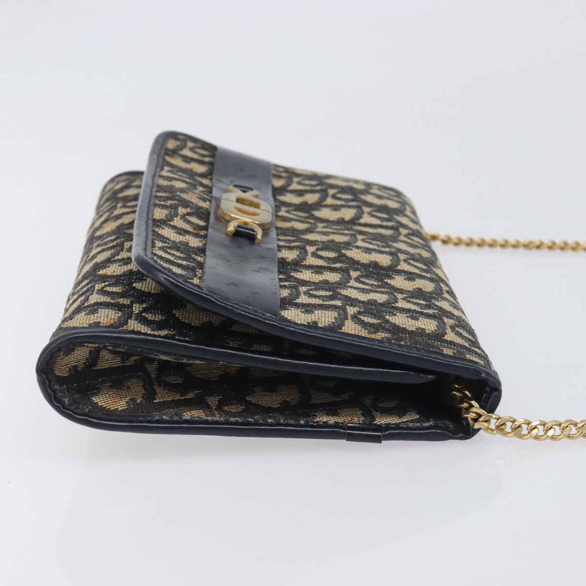 Christian Dior Trotter Canvas Chain Shoulder Bag Navy Gold Auth 139814
