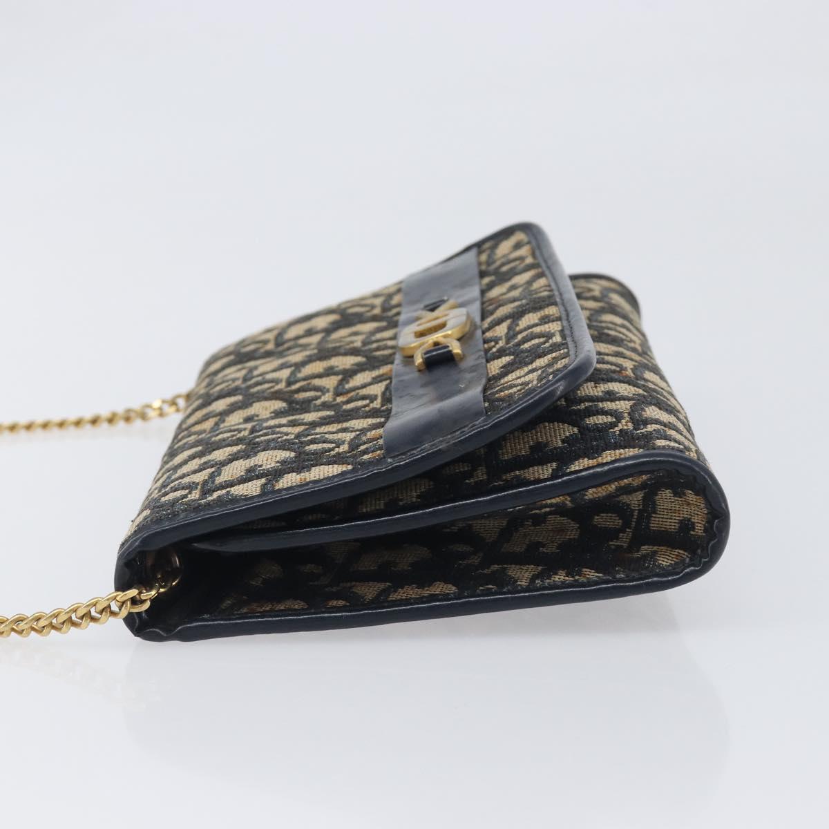 Christian Dior Trotter Canvas Chain Shoulder Bag Navy Gold Auth 139814