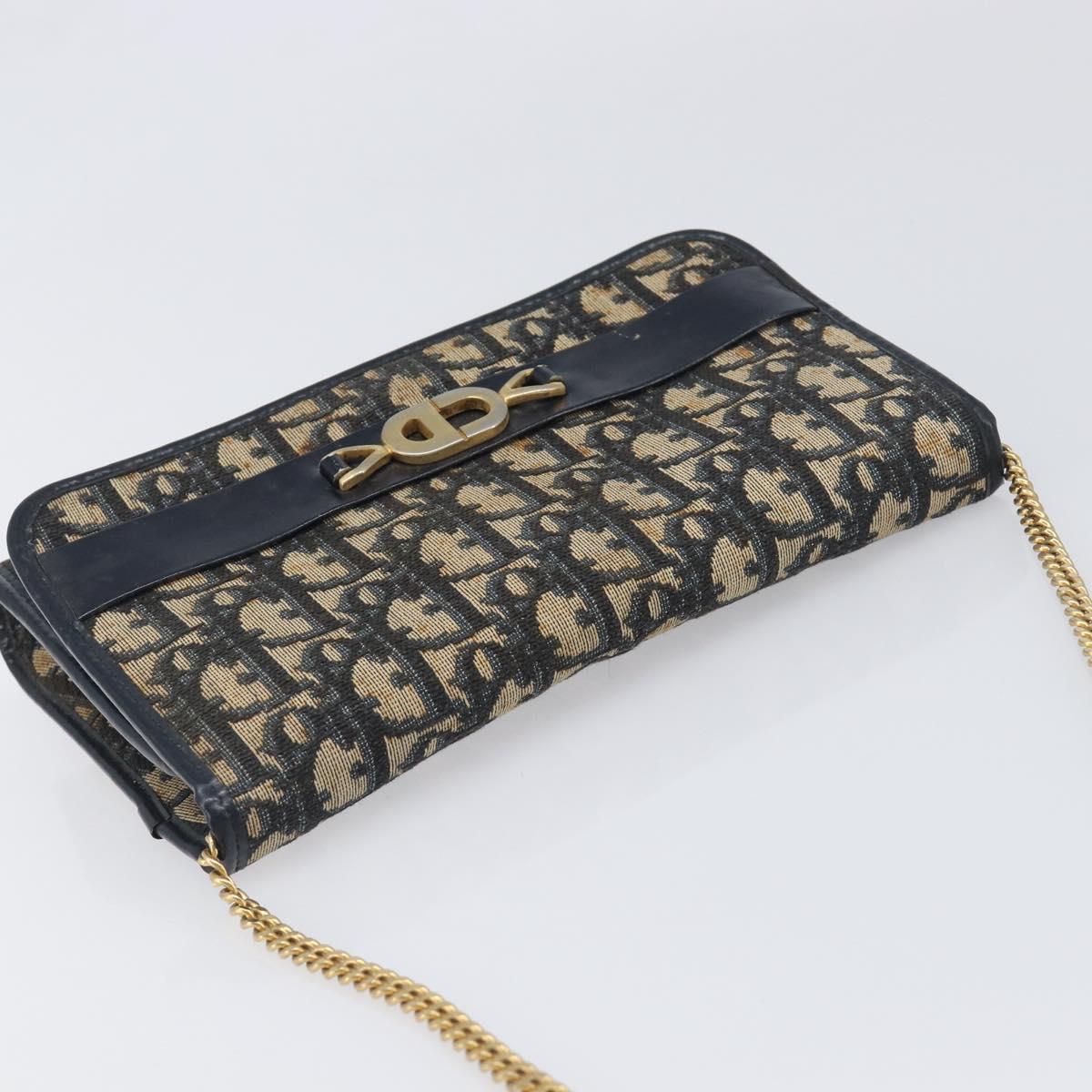 Christian Dior Trotter Canvas Chain Shoulder Bag Navy Gold Auth 139814