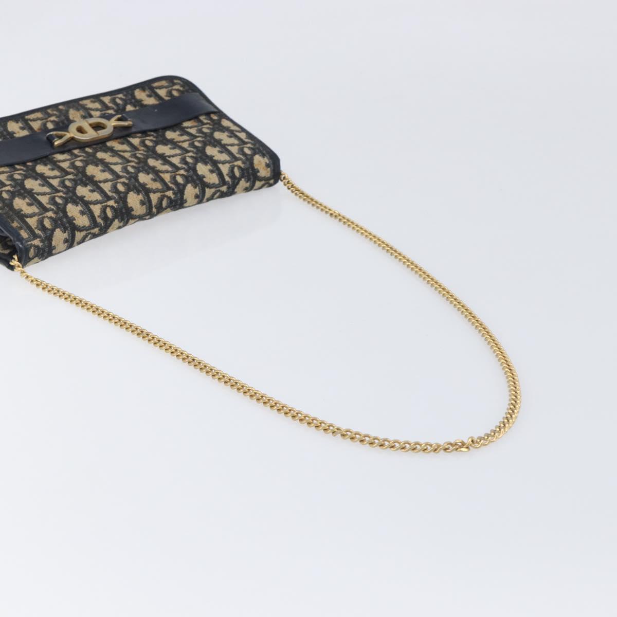 Christian Dior Trotter Canvas Chain Shoulder Bag Navy Gold Auth 139814
