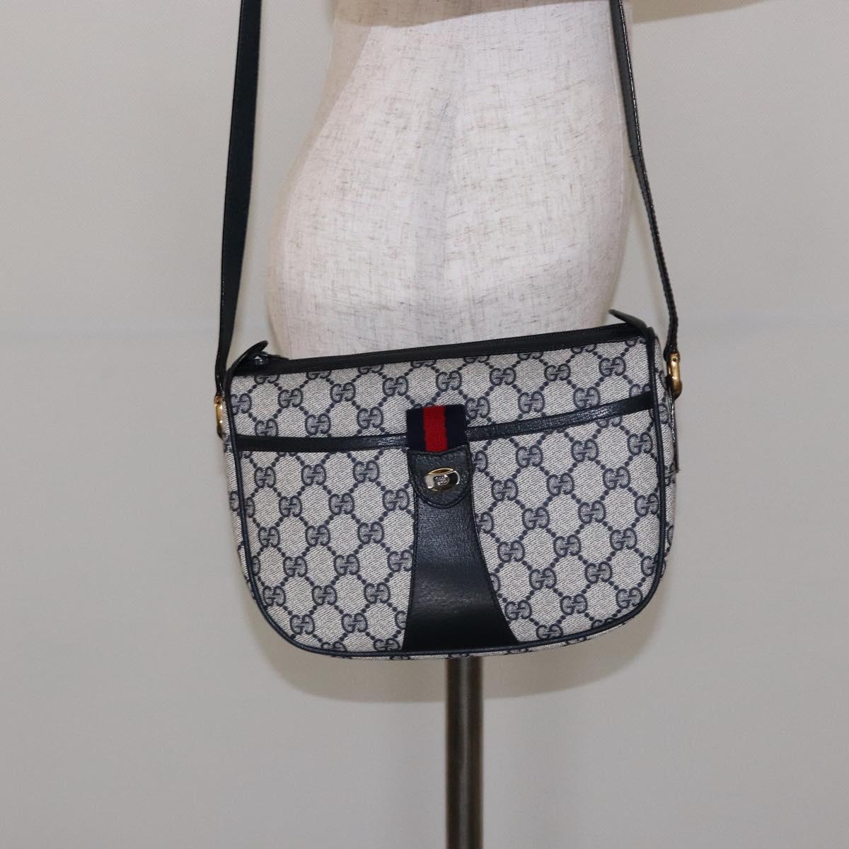 GUCCI GG Supreme Sherry Line Shoulder Bag PVC Navy Gold Red Auth 139821