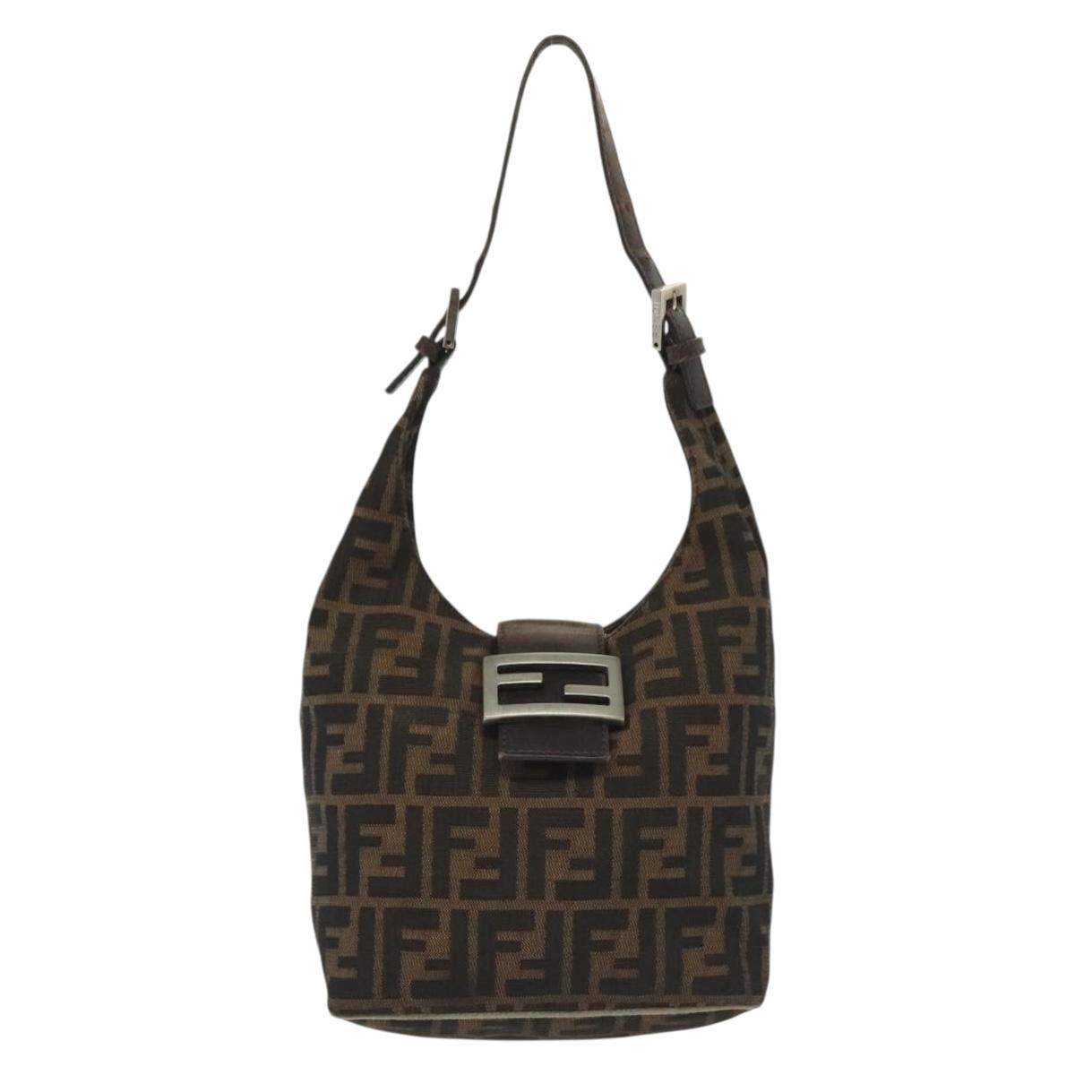 FENDI Zucca Canvas Mamma Baguette Shoulder Bag Brown Black Silver Auth 139842