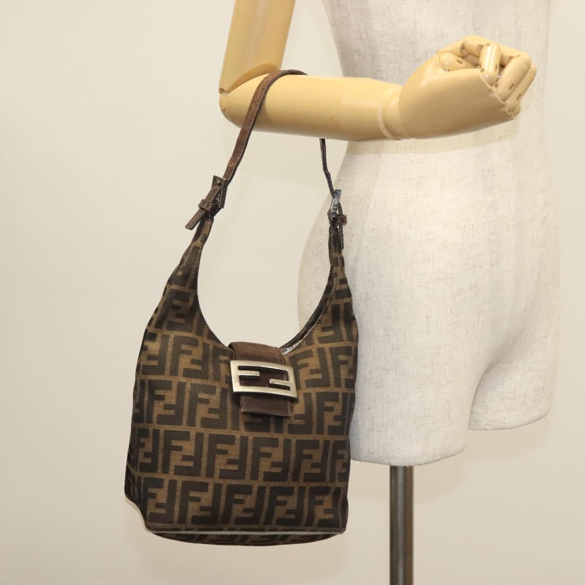 FENDI Zucca Canvas Mamma Baguette Shoulder Bag Brown Black Silver Auth 139842