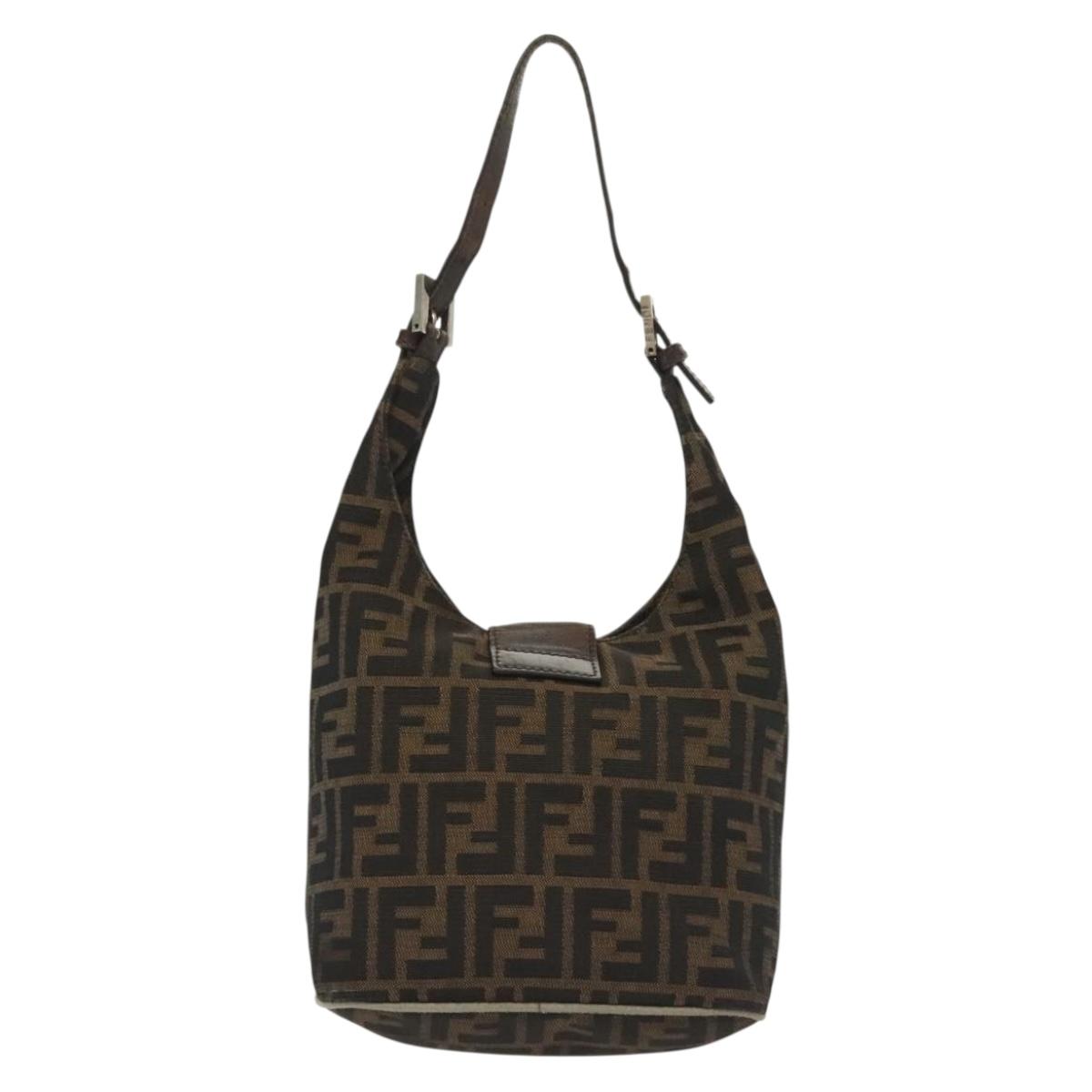 FENDI Zucca Canvas Mamma Baguette Shoulder Bag Brown Black Silver Auth 139842