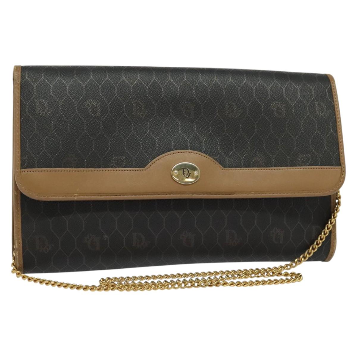 Christian Dior Honeycomb Canvas Chain Shoulder Bag PVC Black Gold Auth 139848