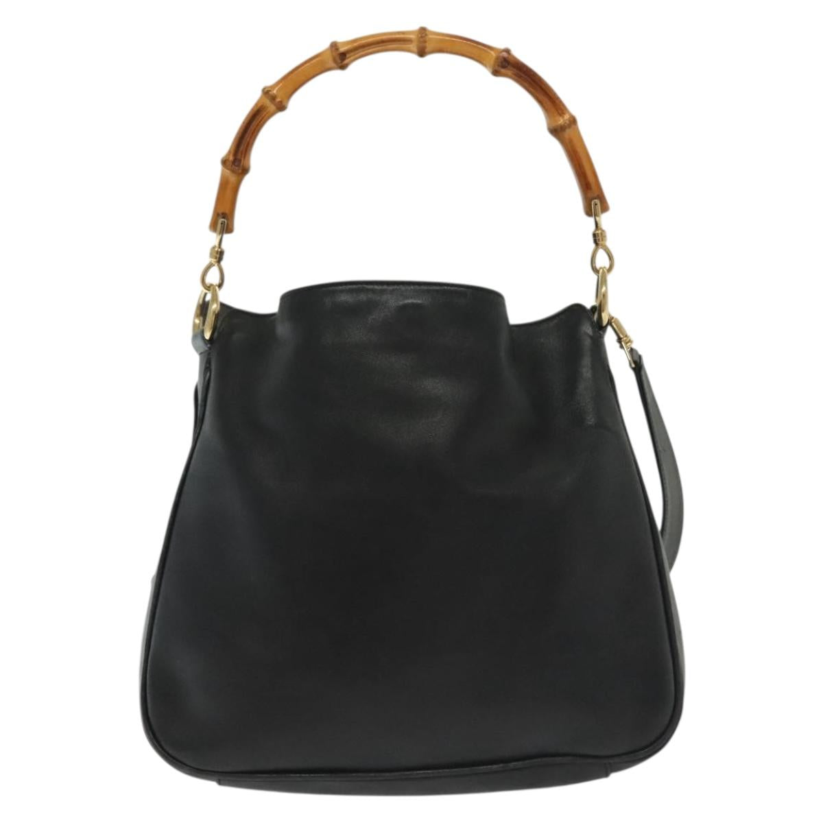 GUCCI Bamboo Shoulder Bag Leather 2way Black Gold 001 1638 Auth 139908