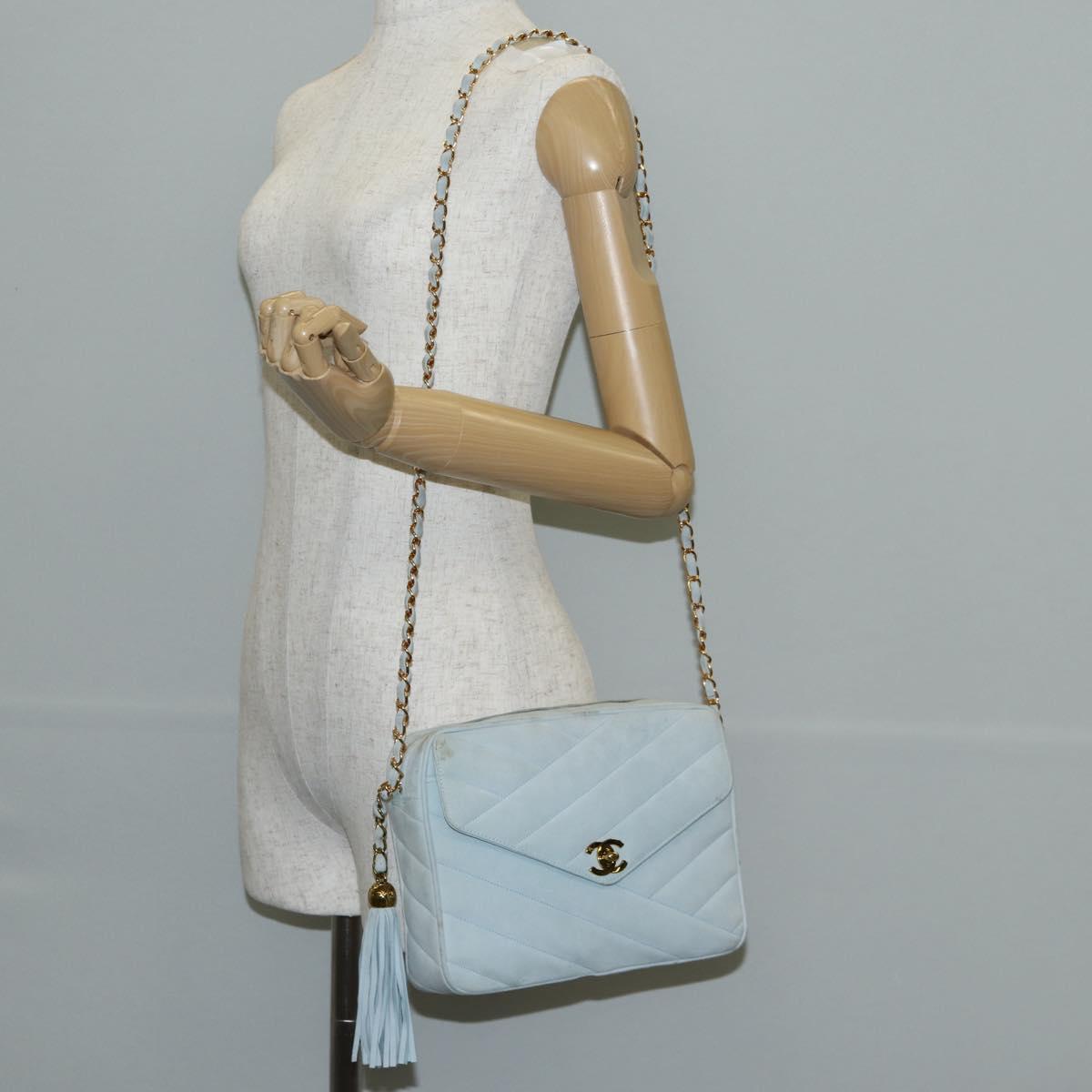 CHANEL Bias Stitch Chain Shoulder Bag Suede Light Blue Gold CC Auth 139935V