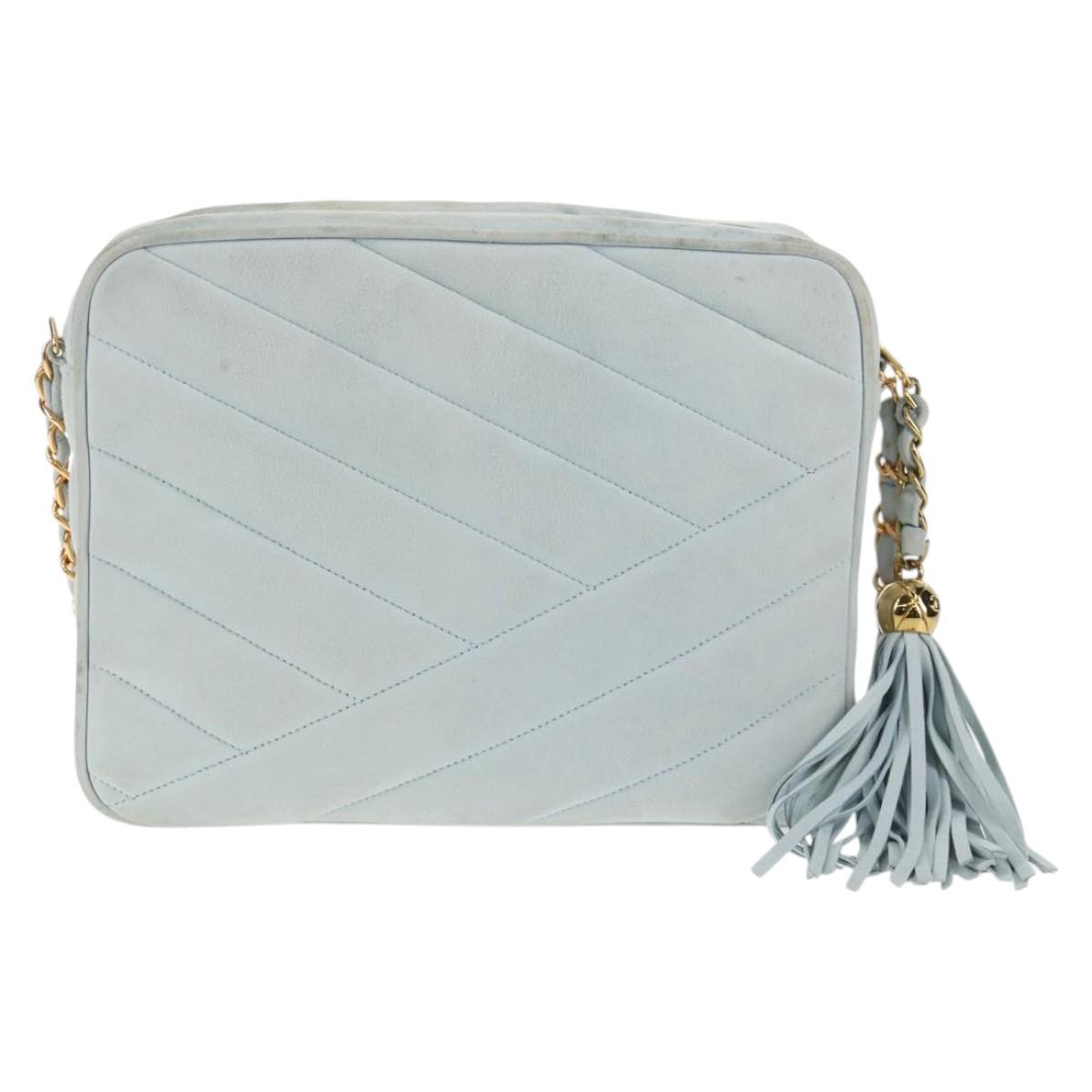 CHANEL Bias Stitch Chain Shoulder Bag Suede Light Blue Gold CC Auth 139935V