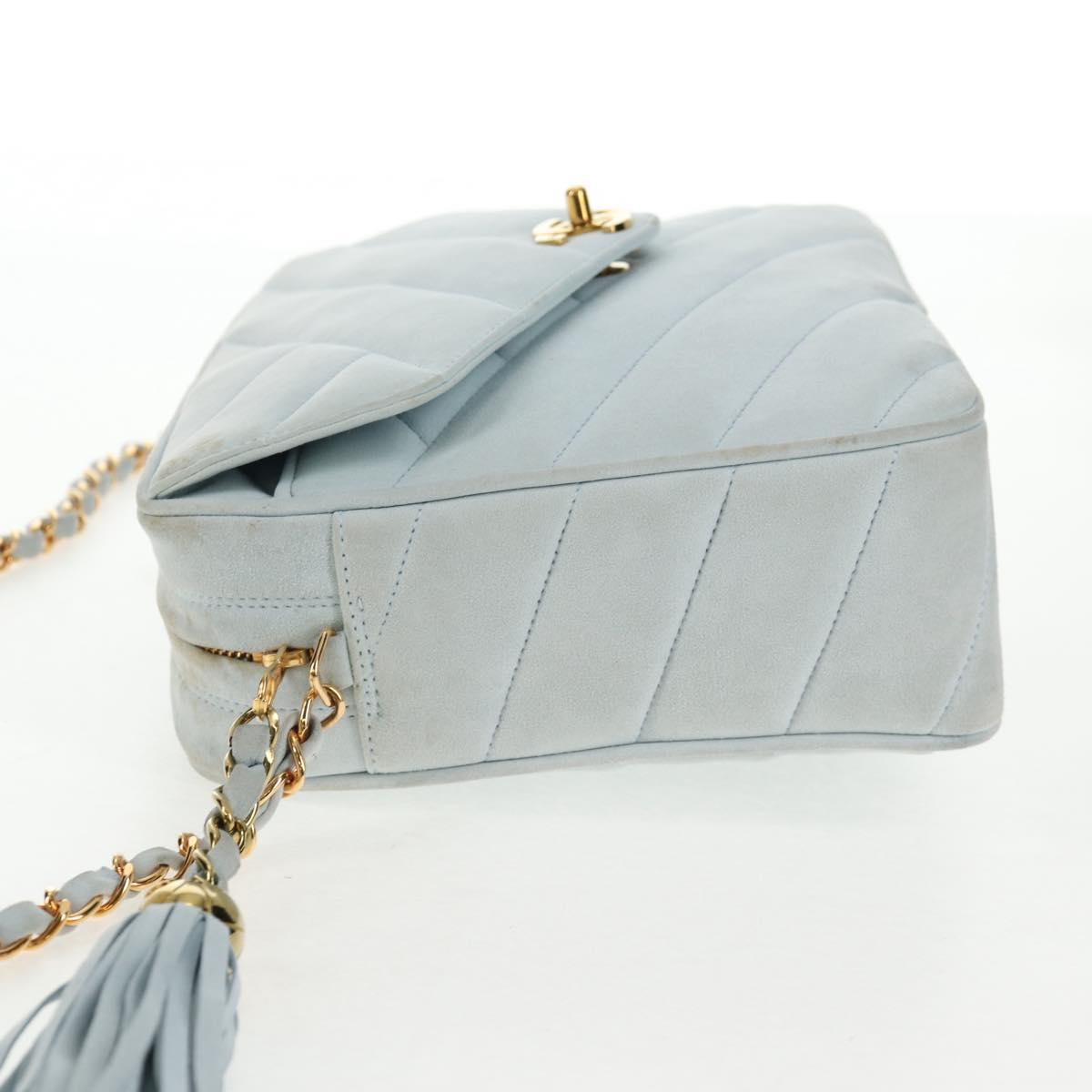 CHANEL Bias Stitch Chain Shoulder Bag Suede Light Blue Gold CC Auth 139935V