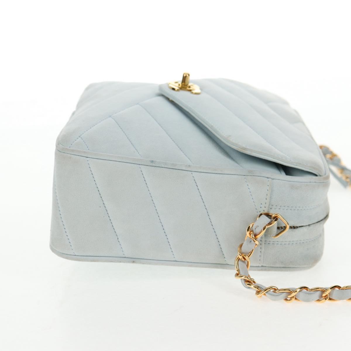 CHANEL Bias Stitch Chain Shoulder Bag Suede Light Blue Gold CC Auth 139935V
