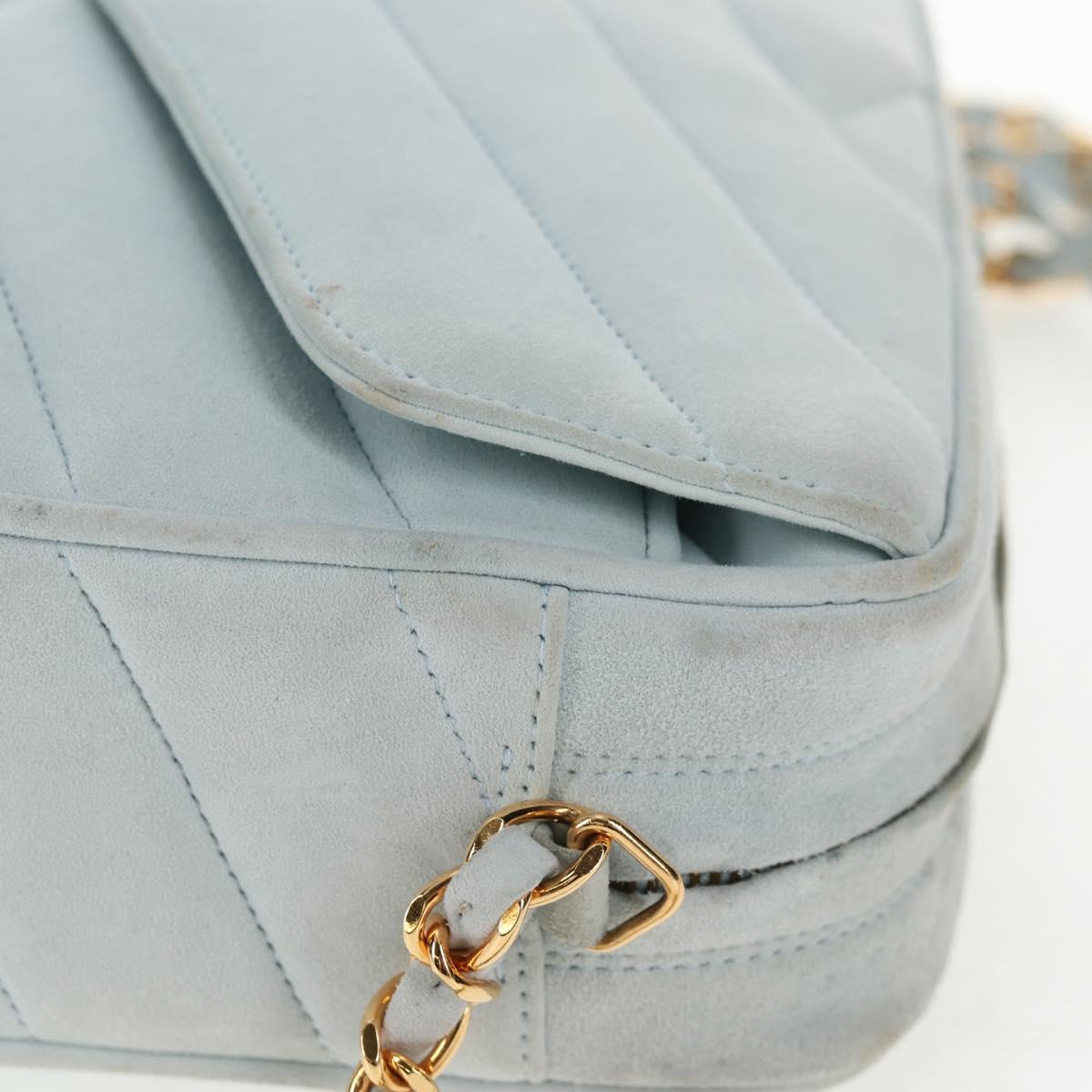 CHANEL Bias Stitch Chain Shoulder Bag Suede Light Blue Gold CC Auth 139935V