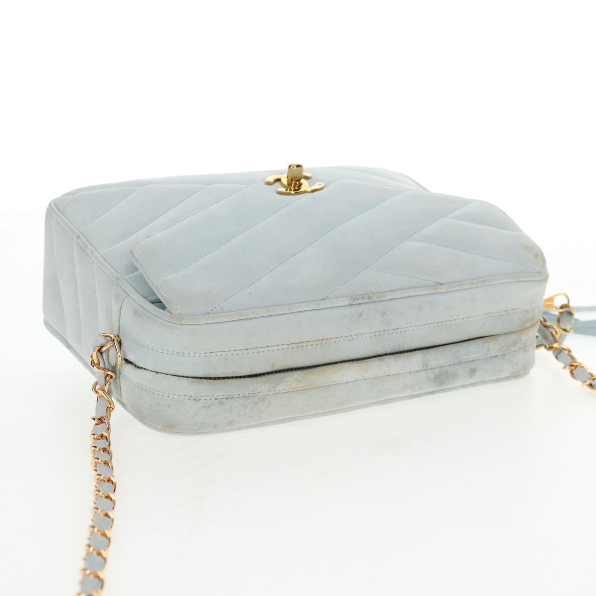 CHANEL Bias Stitch Chain Shoulder Bag Suede Light Blue Gold CC Auth 139935V