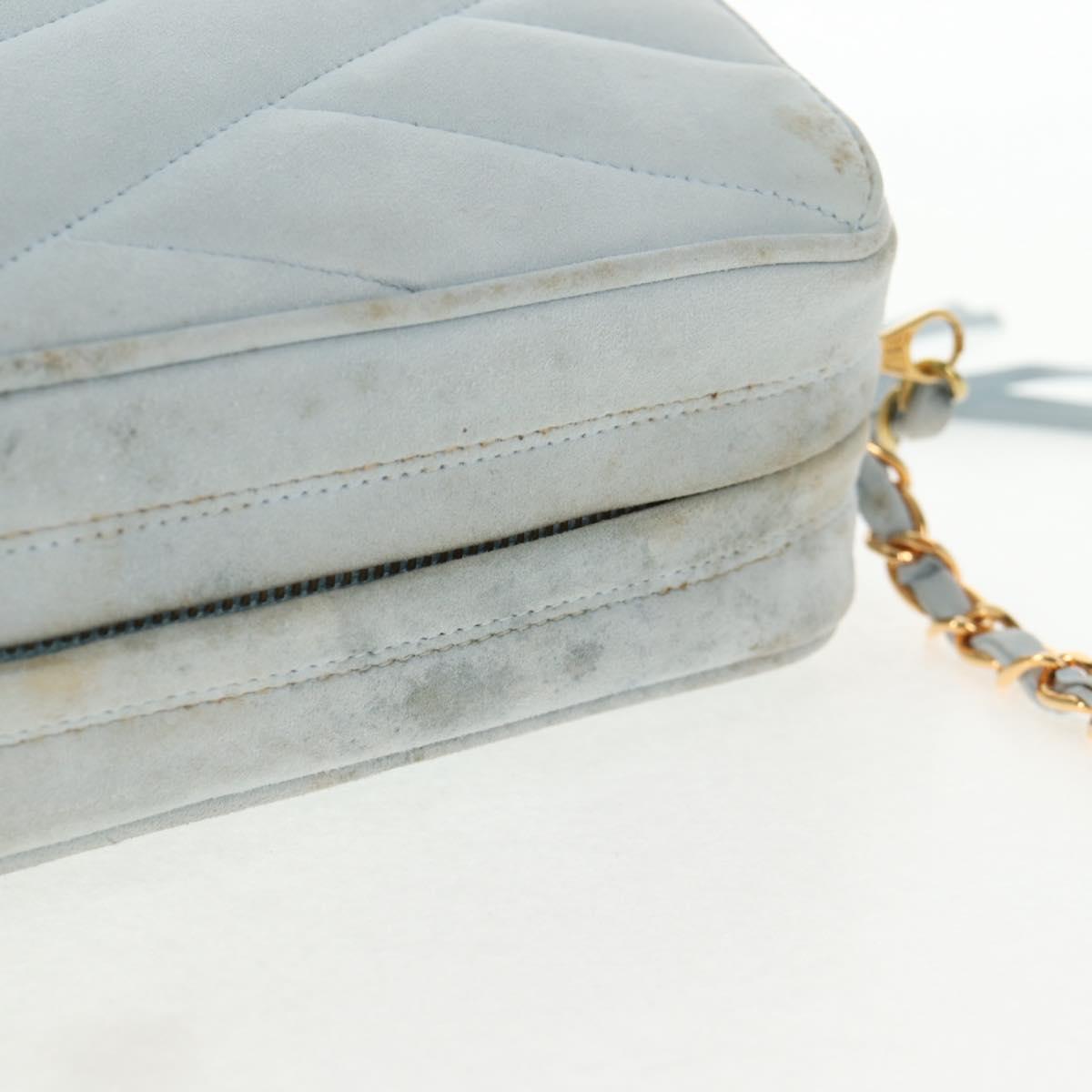 CHANEL Bias Stitch Chain Shoulder Bag Suede Light Blue Gold CC Auth 139935V