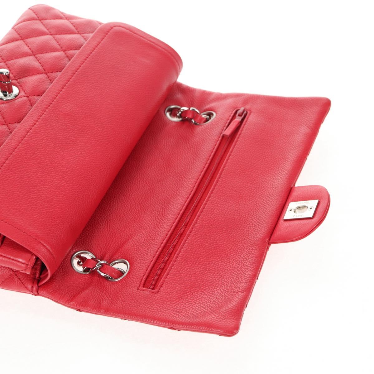 CHANEL Chain Shoulder Bag Caviar Skin Red Silver CC Auth 139978SM