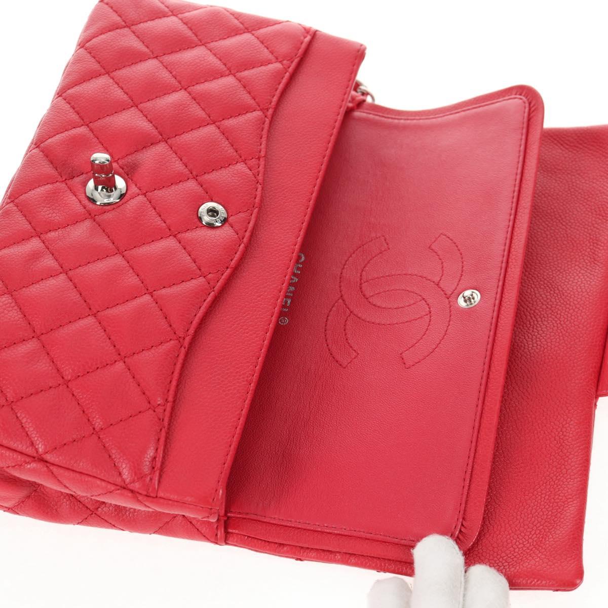 CHANEL Chain Shoulder Bag Caviar Skin Red Silver CC Auth 139978SM
