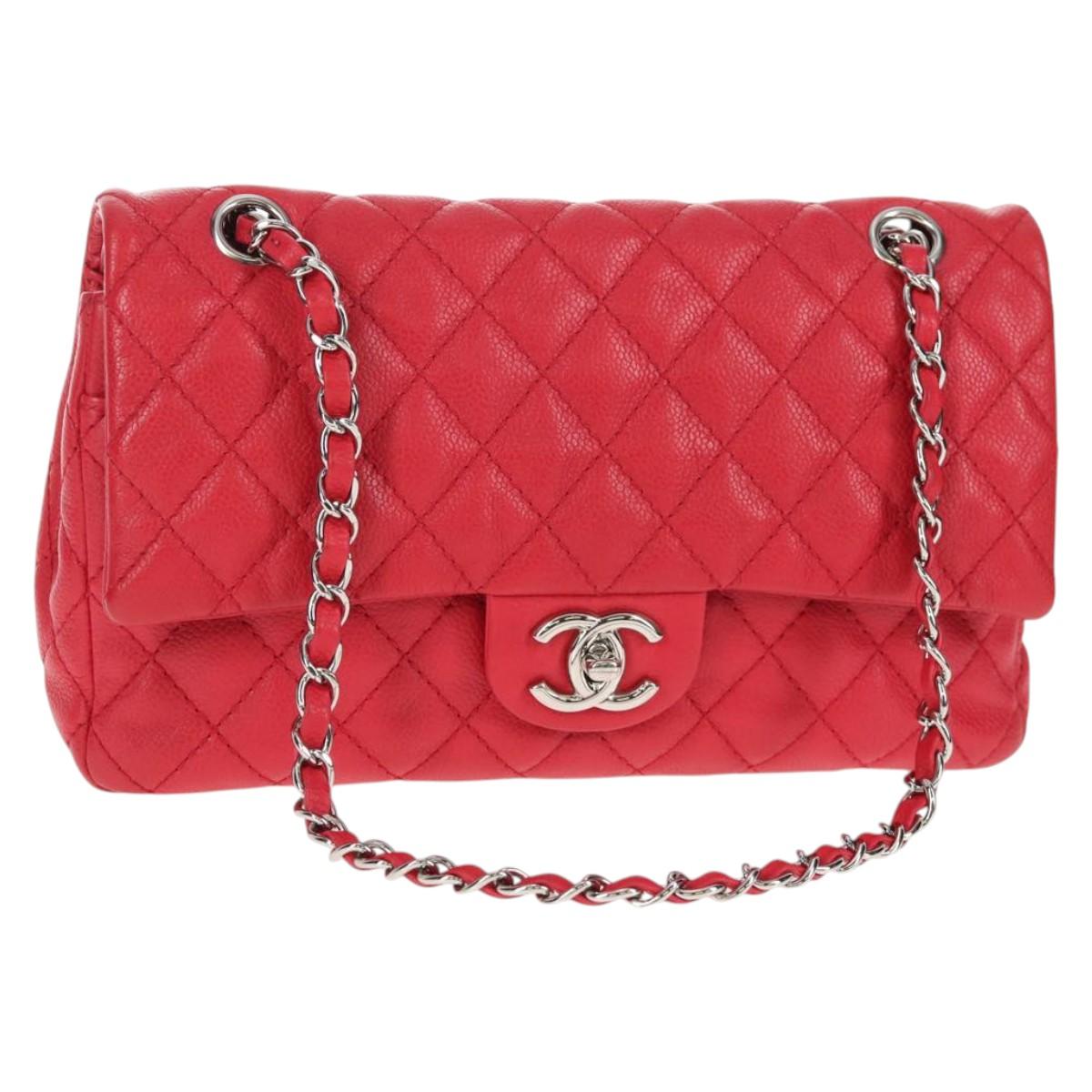 CHANEL Chain Shoulder Bag Caviar Skin Red Silver CC Auth 139978SM