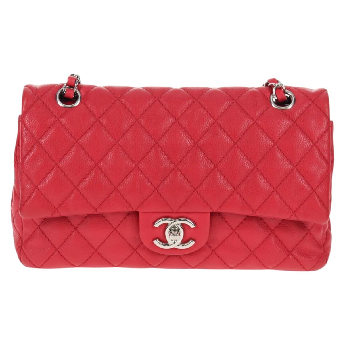 CHANEL Chain Shoulder Bag Caviar Skin Red Silver CC Auth 139978M