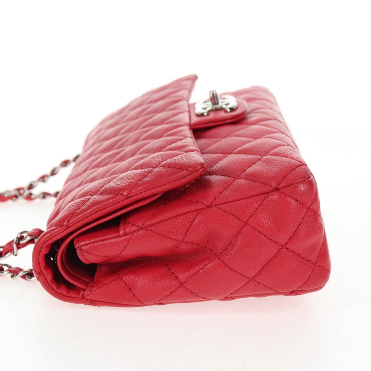 CHANEL Chain Shoulder Bag Caviar Skin Red Silver CC Auth 139978SM