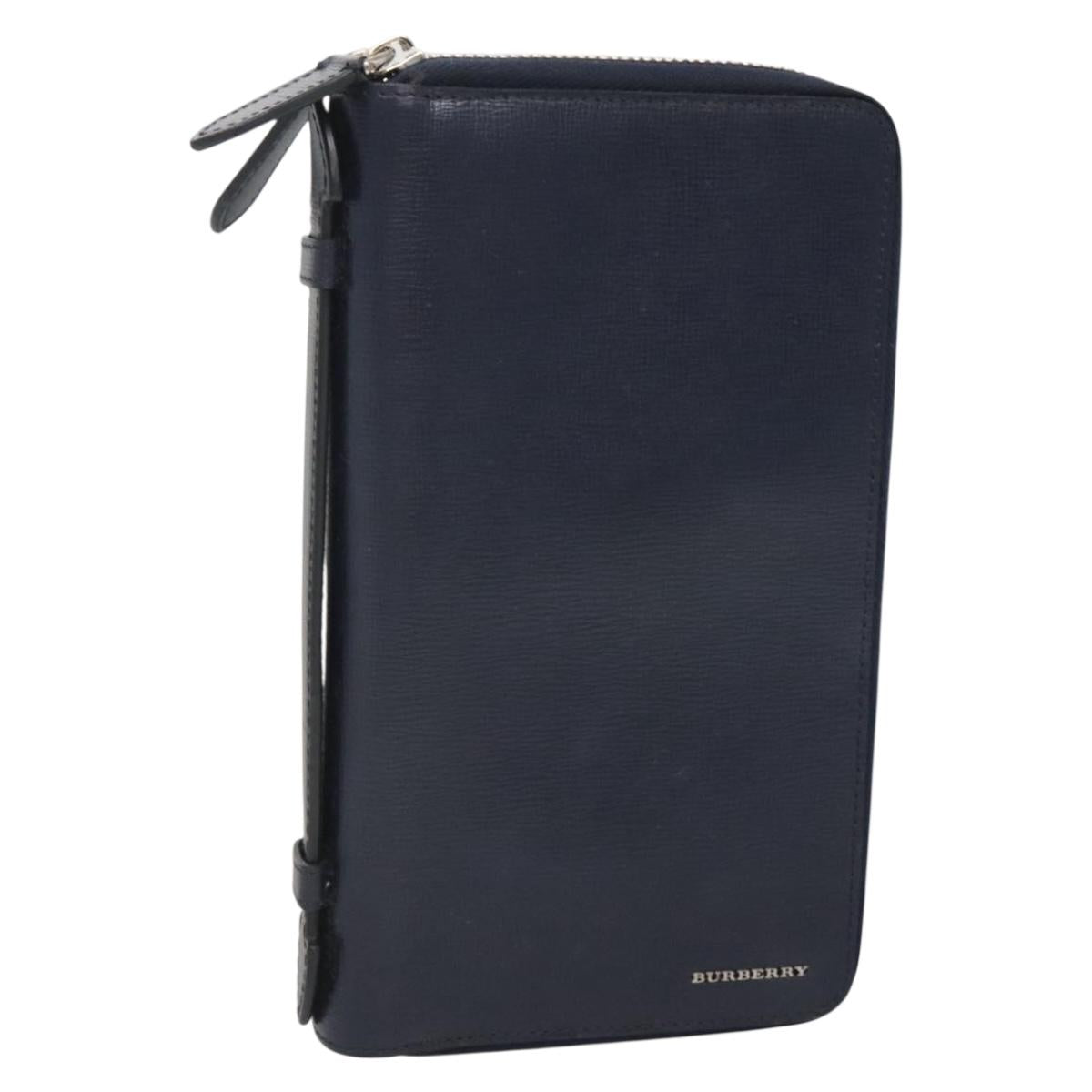 BURBERRY Travel Case Leather Navy Silver Auth 140004