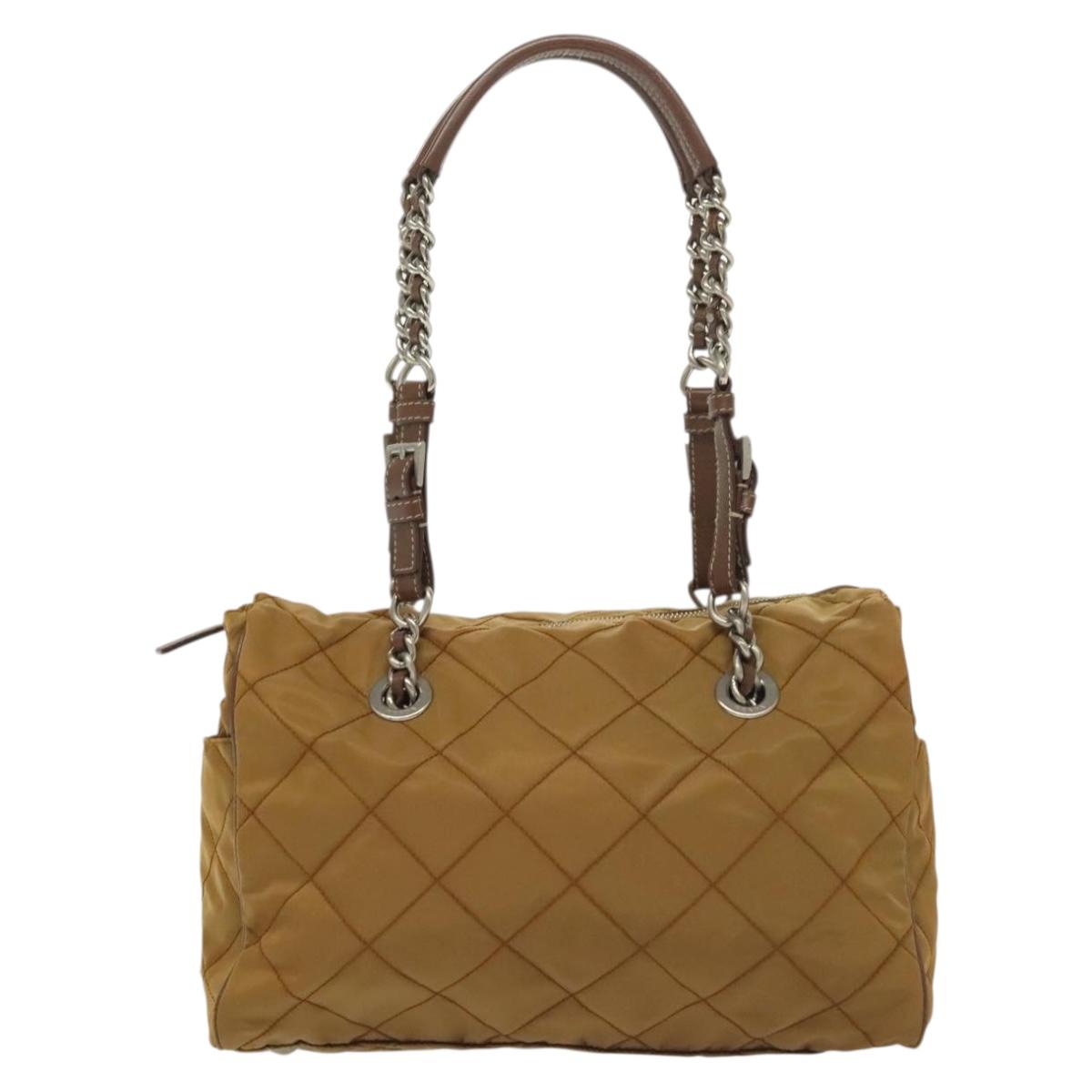PRADA Chain Shoulder Bag Nylon Beige Silver Auth 140091