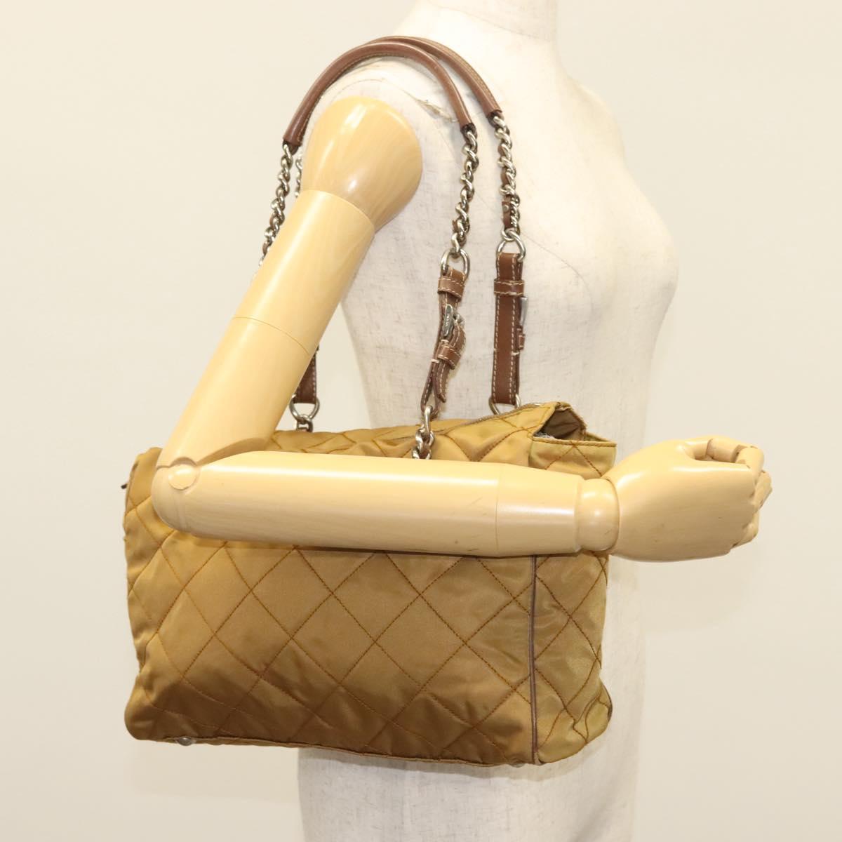 PRADA Chain Shoulder Bag Nylon Beige Silver Auth 140091