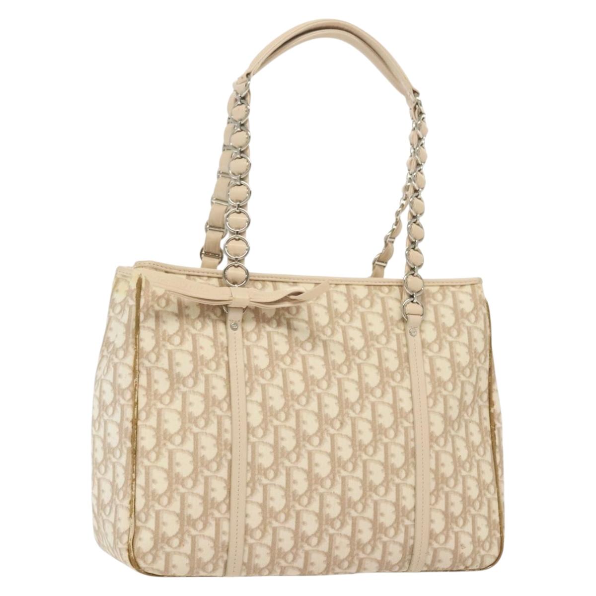 Christian Dior Trotter Canvas Romantic Chain Tote Bag PVC Beige Auth 140098