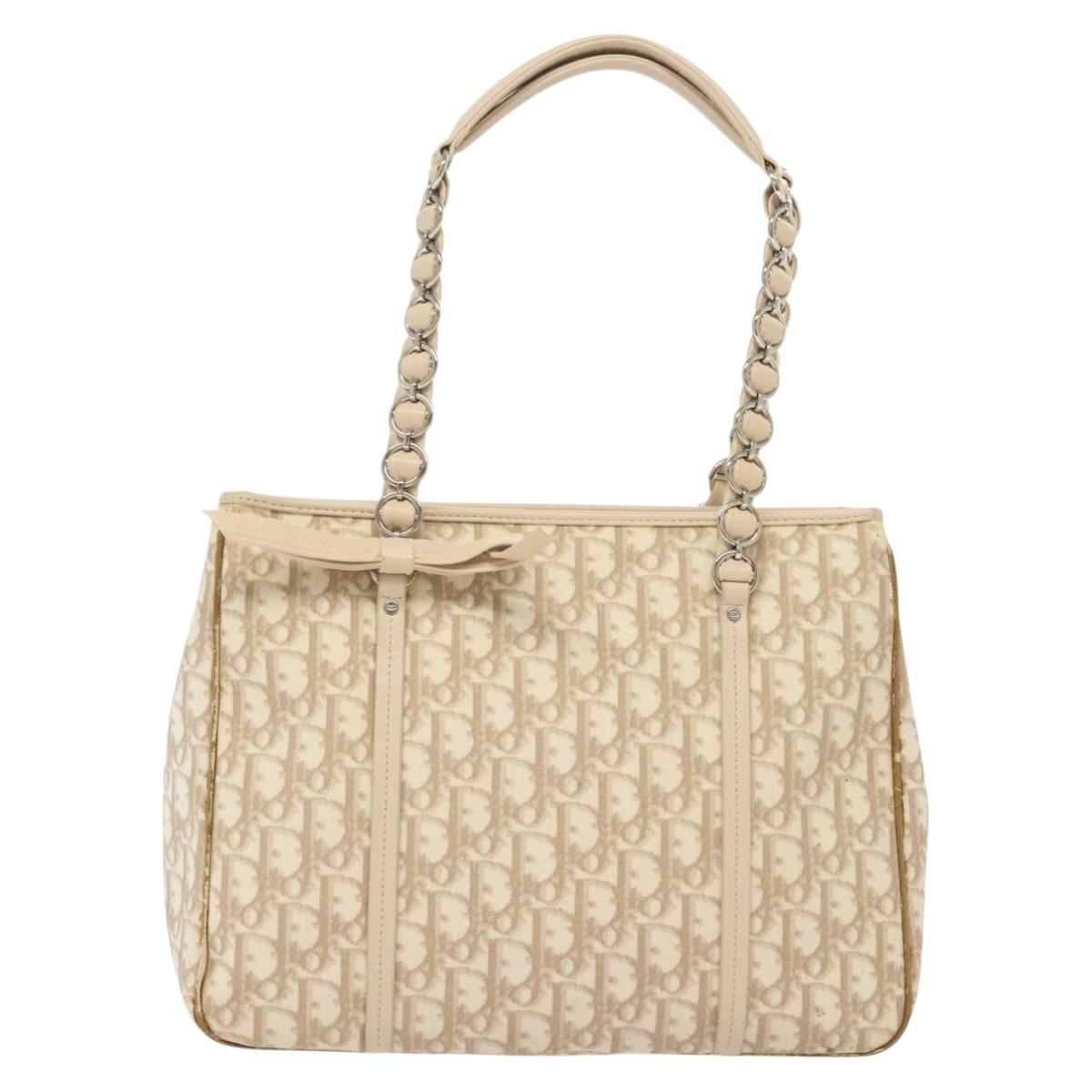 Christian Dior Trotter Canvas Romantic Chain Tote Bag PVC Beige Auth 140098