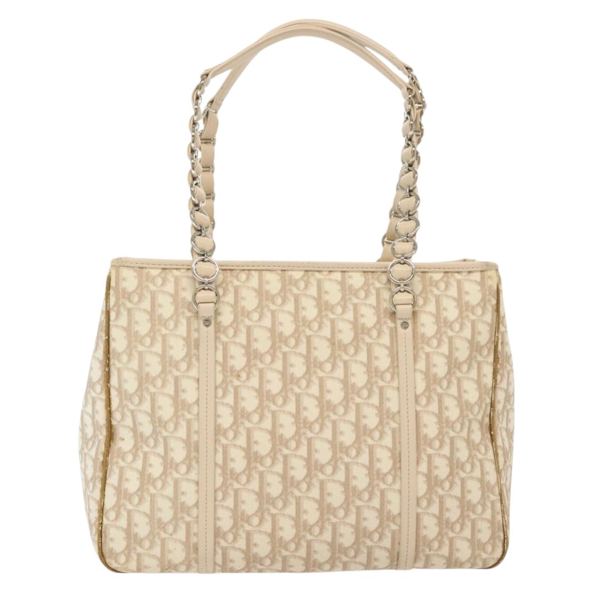 Christian Dior Trotter Canvas Romantic Chain Tote Bag PVC Beige Auth 140098