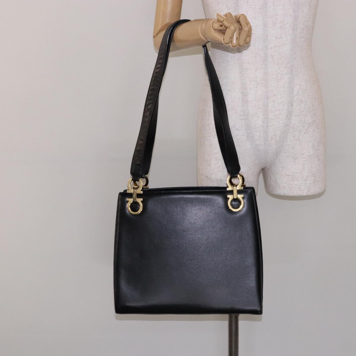 Salvatore Ferragamo Gancini Shoulder Bag Leather Black Gold Auth 140104