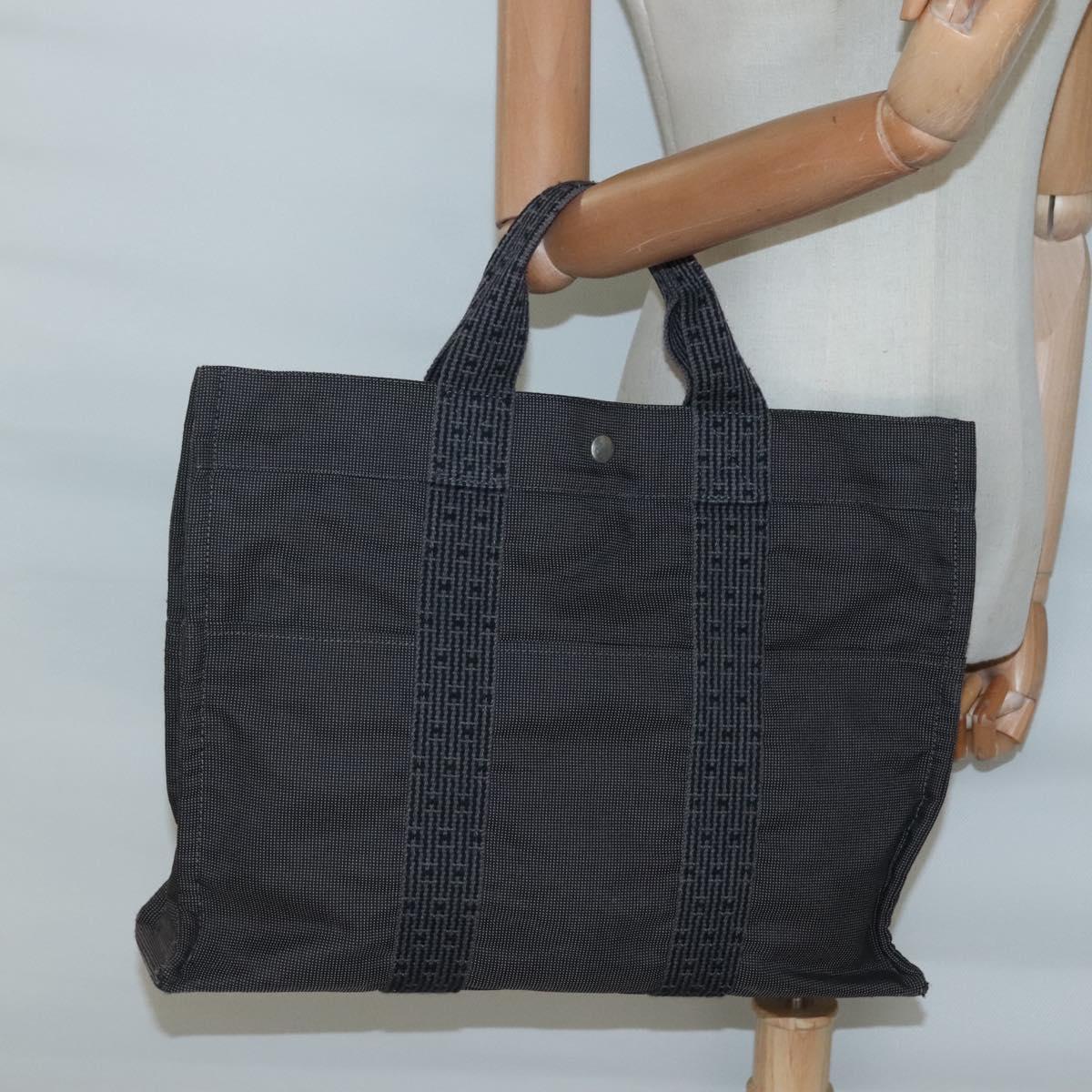 HERMES Her Line MM Hand Bag Canvas Gray Silver Auth 140106