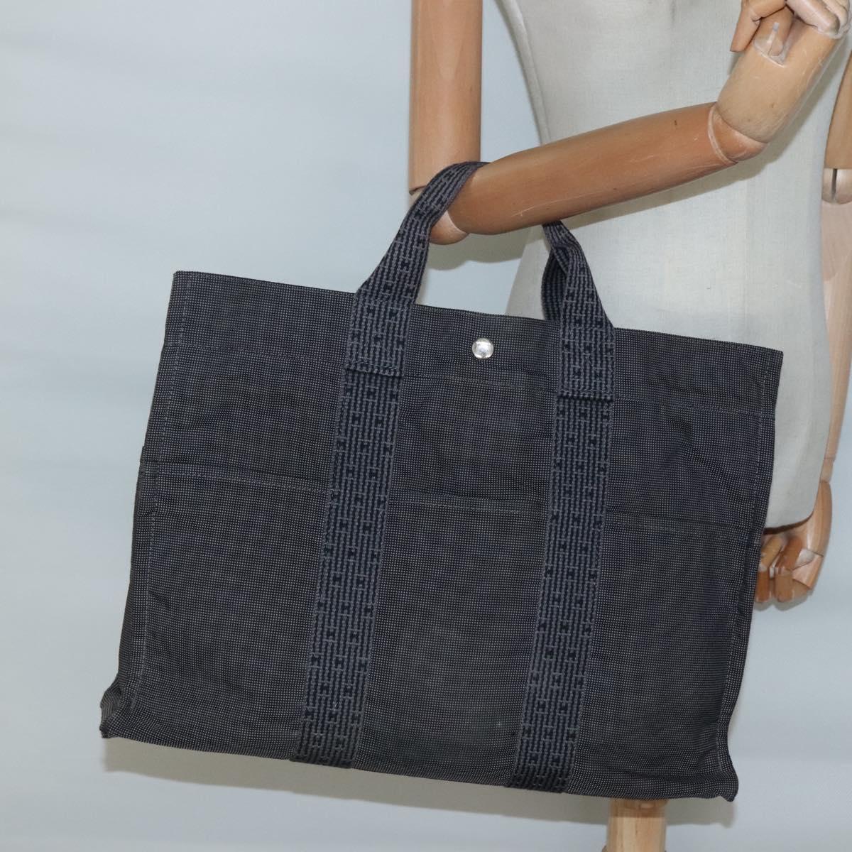 HERMES Her Line MM Hand Bag Canvas Gray Silver Auth 140108