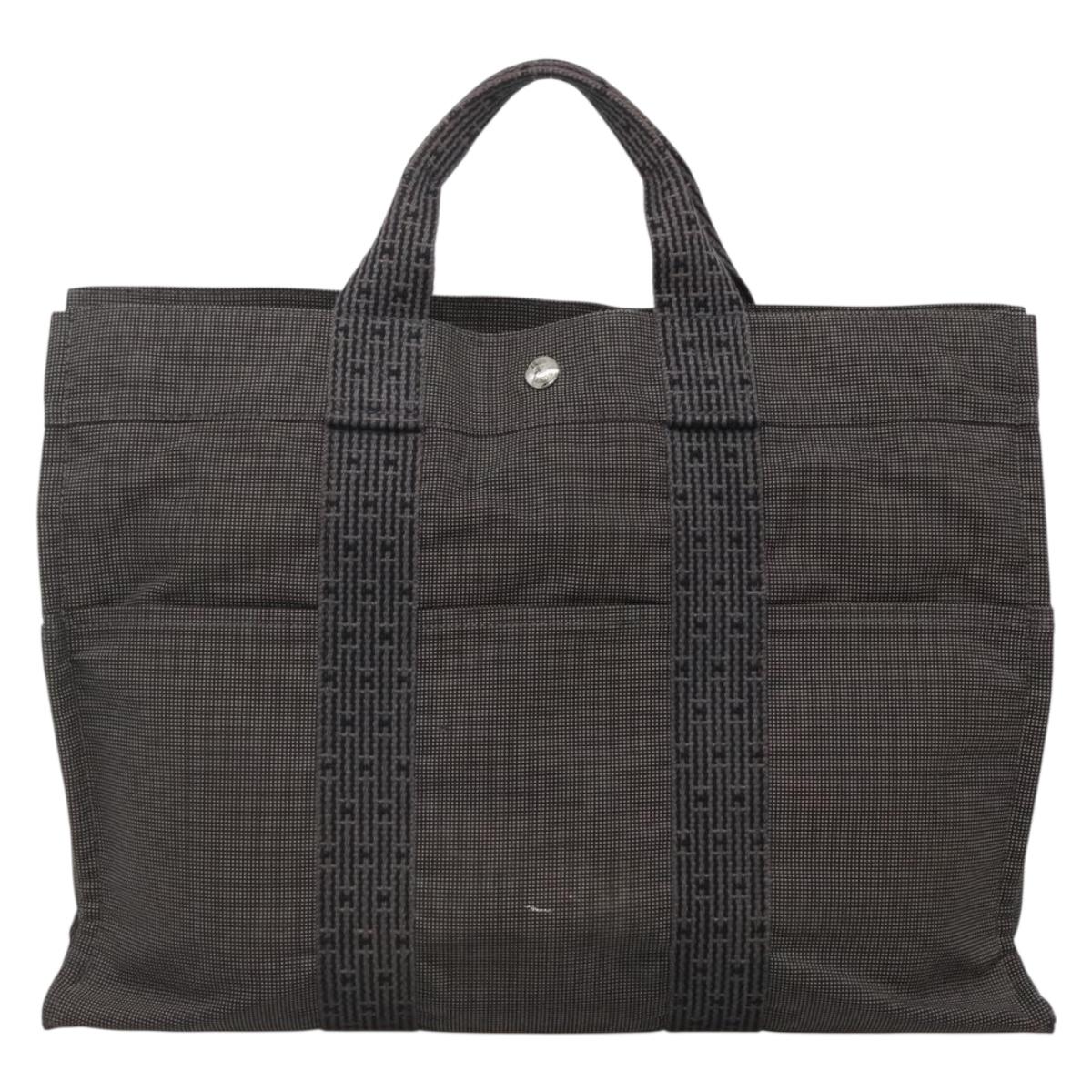 HERMES Her Line MM Hand Bag Canvas Gray Silver Auth 140108