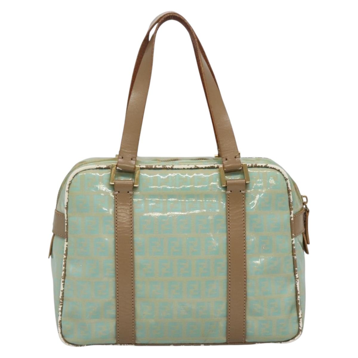 FENDI Zucchino Canvas Hand Bag Coated Canvas Peppermint Gold Auth 140112