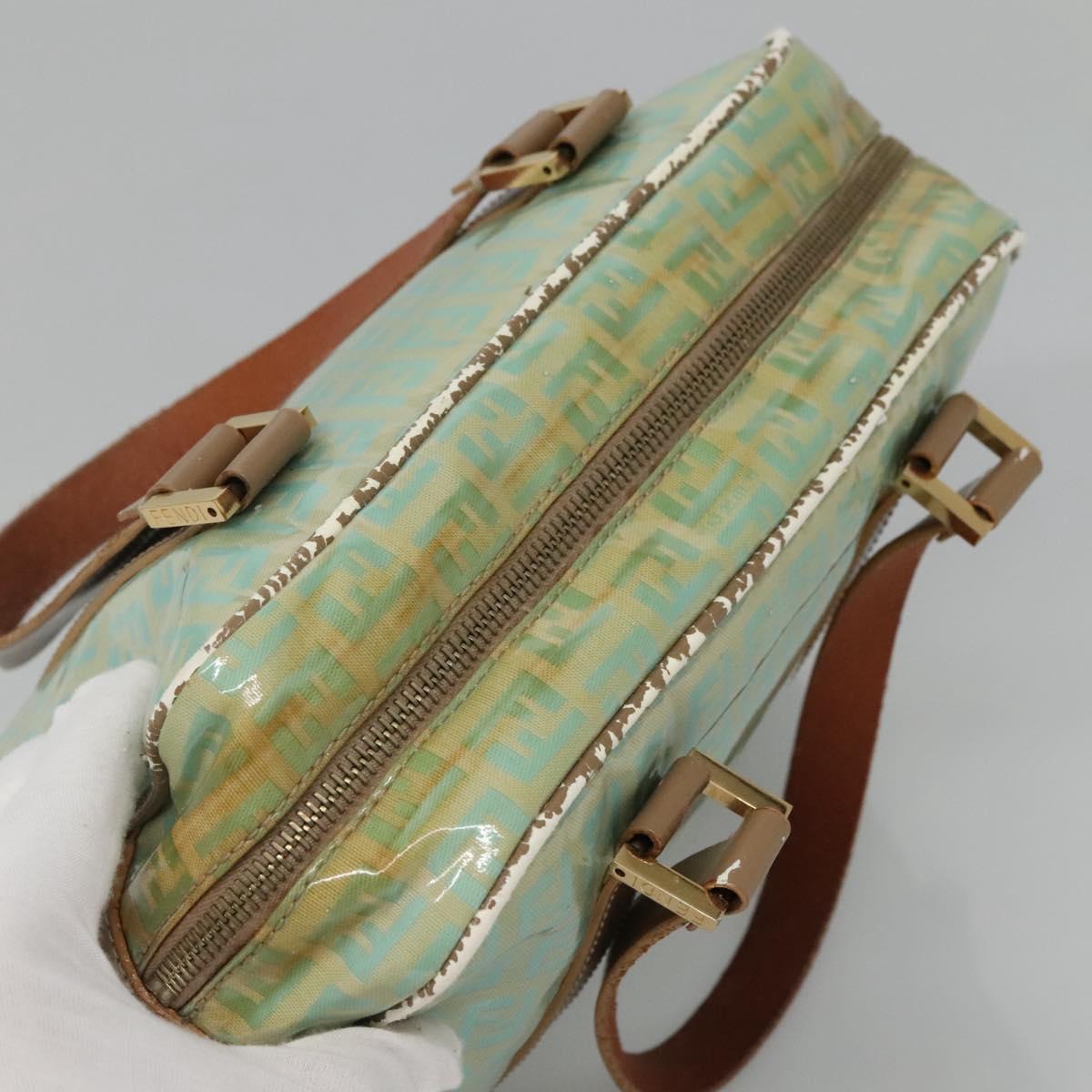 FENDI Zucchino Canvas Hand Bag Coated Canvas Peppermint Gold Auth 140112