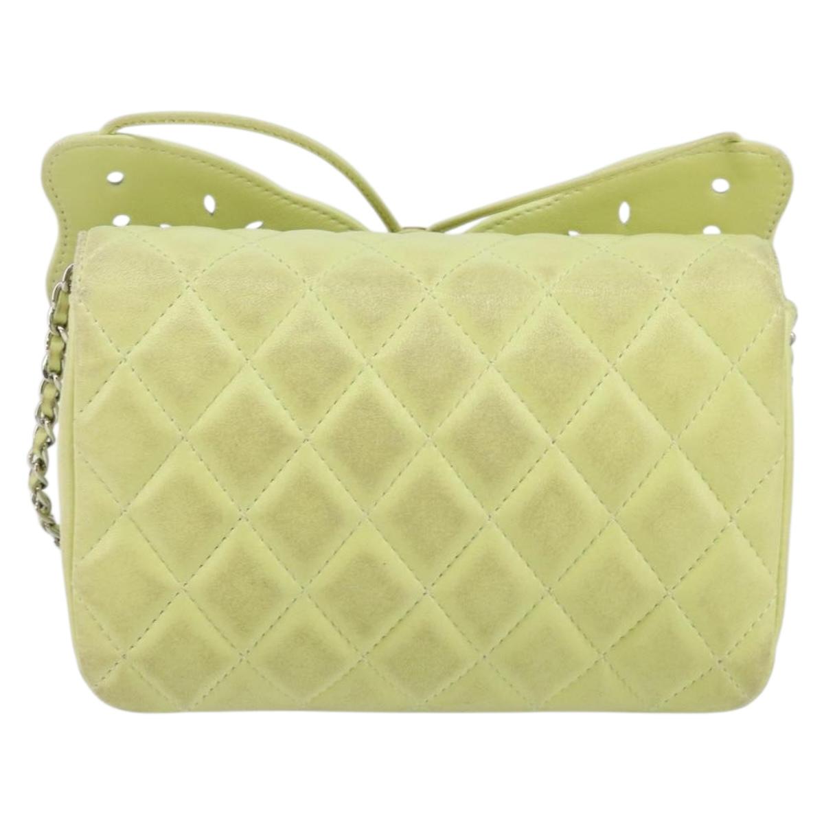 CHANEL Matelasse Chain Shoulder Bag Lamb Skin LIme Green Silver CC Auth 140123V