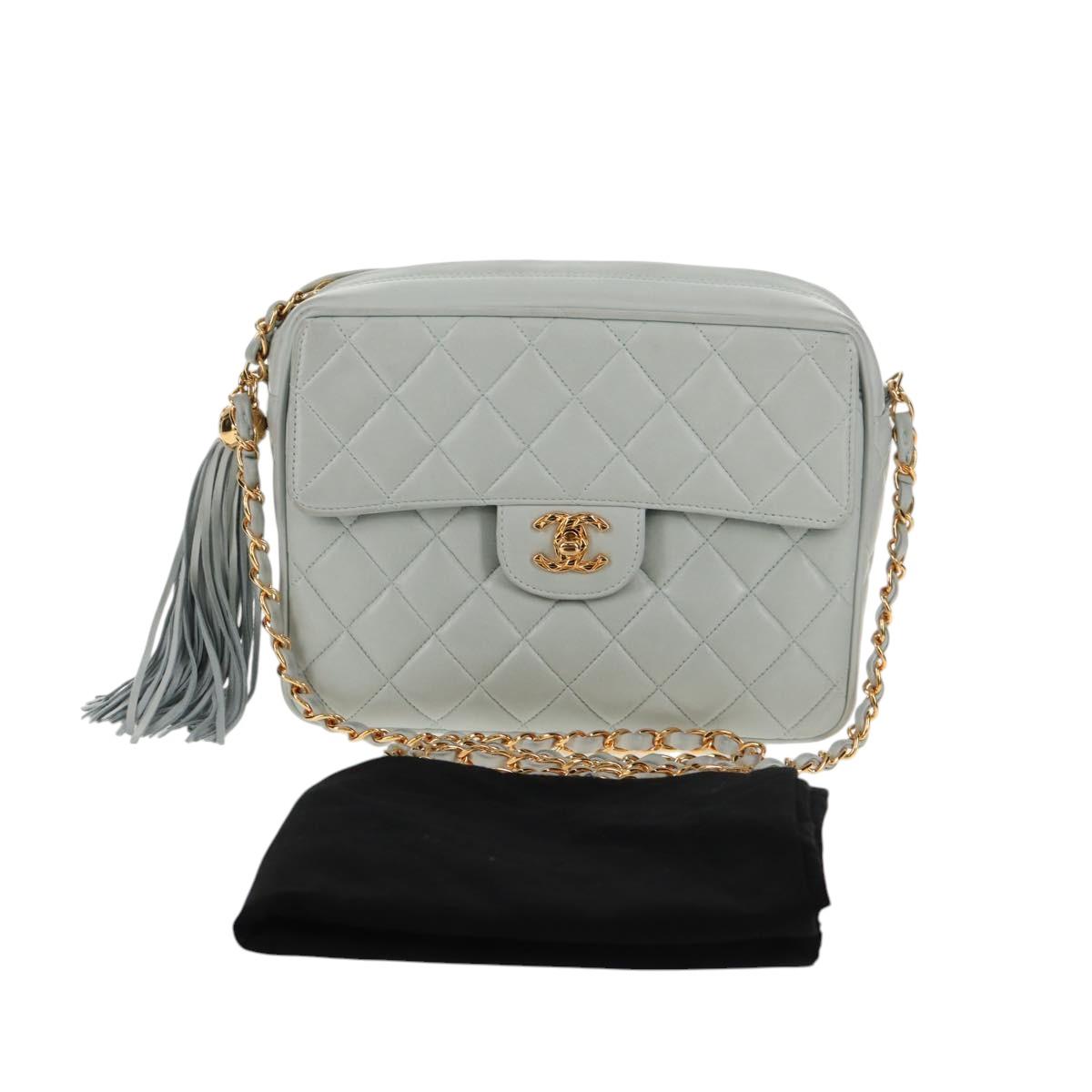 CHANEL Matelasse Chain Shoulder Bag Lamb Skin Light Blue Gold CC Auth 140125V