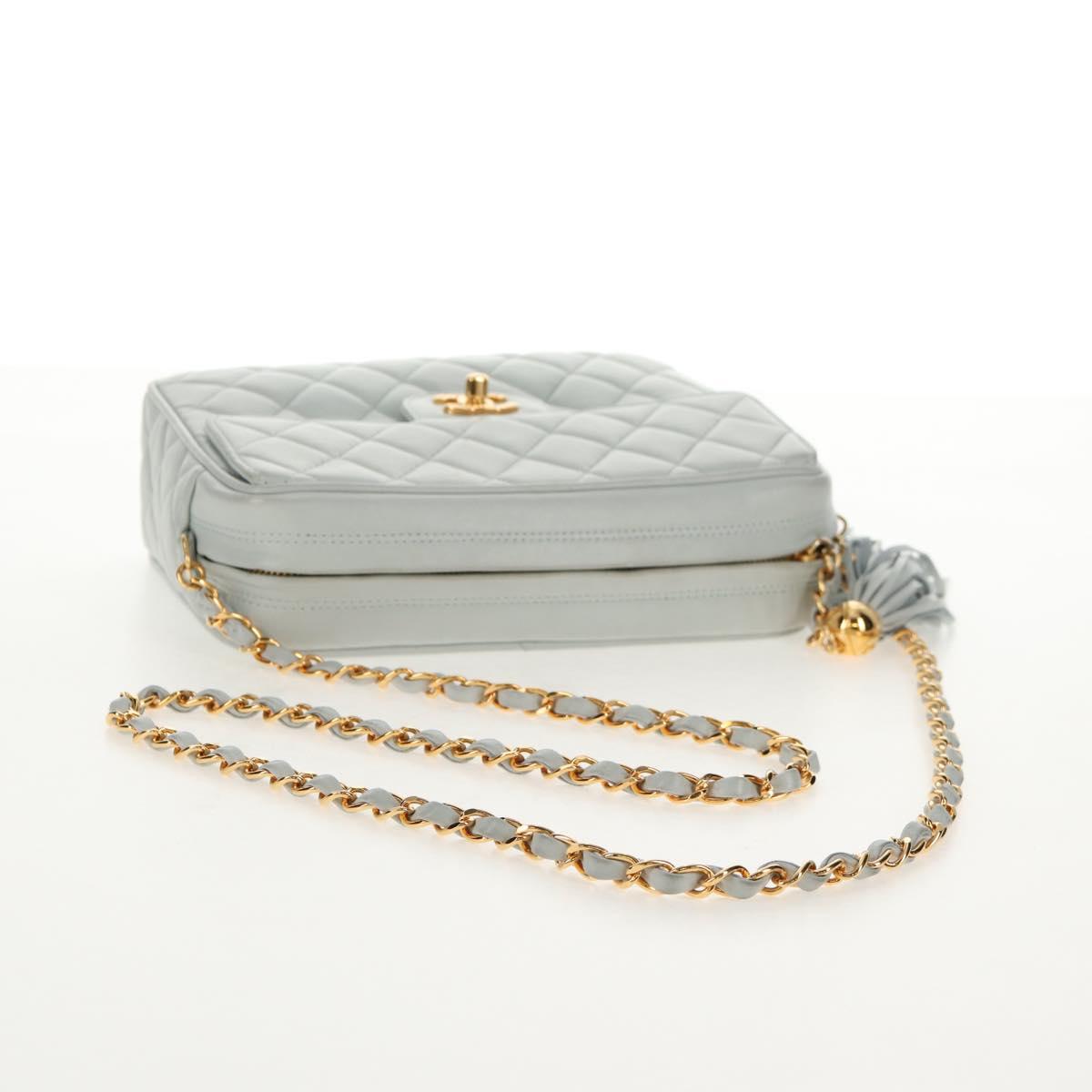CHANEL Matelasse Chain Shoulder Bag Lamb Skin Light Blue Gold CC Auth 140125V