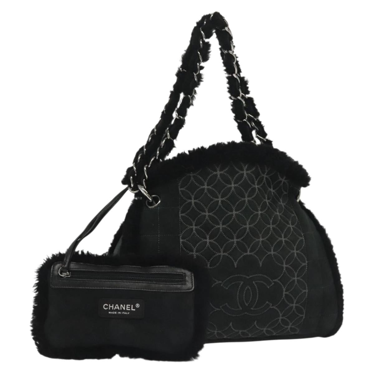 CHANEL Chain Choco Bar Shoulder Bag Mouton Black Silver CC Auth 140140