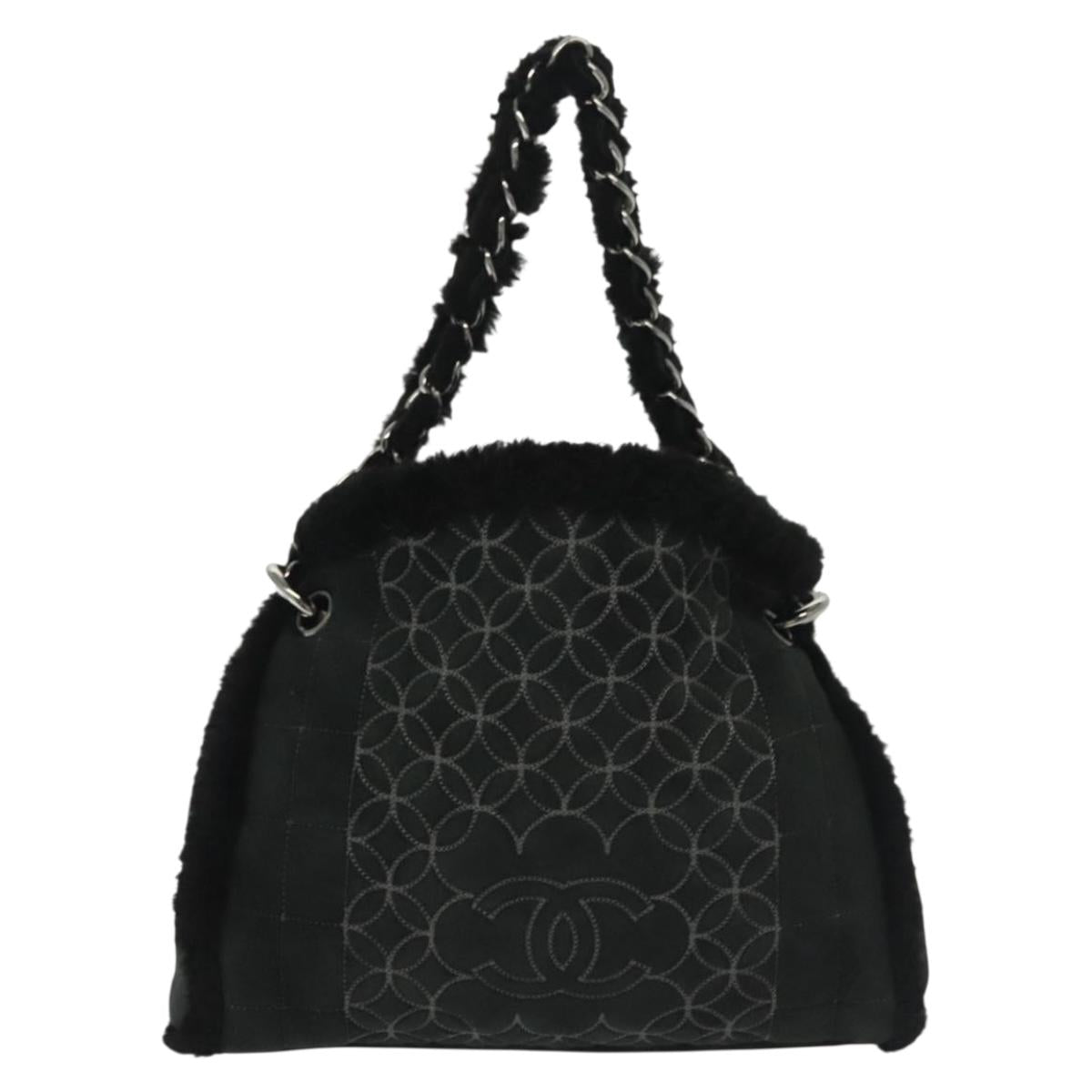 CHANEL Chain Choco Bar Shoulder Bag Mouton Black Silver CC Auth 140140