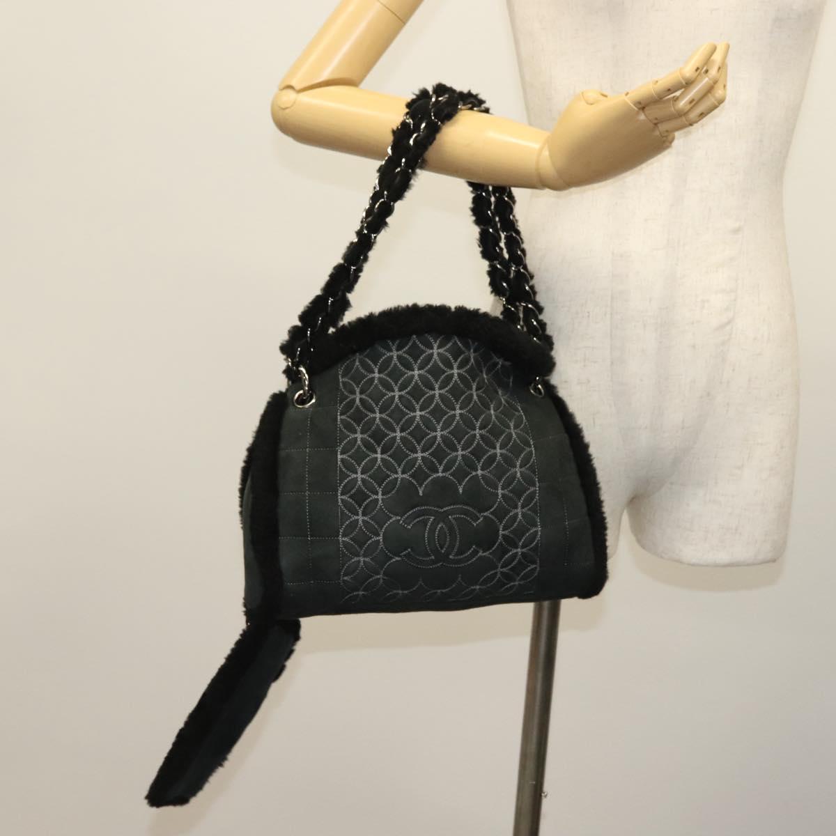 CHANEL Chain Choco Bar Shoulder Bag Mouton Black Silver CC Auth 140140