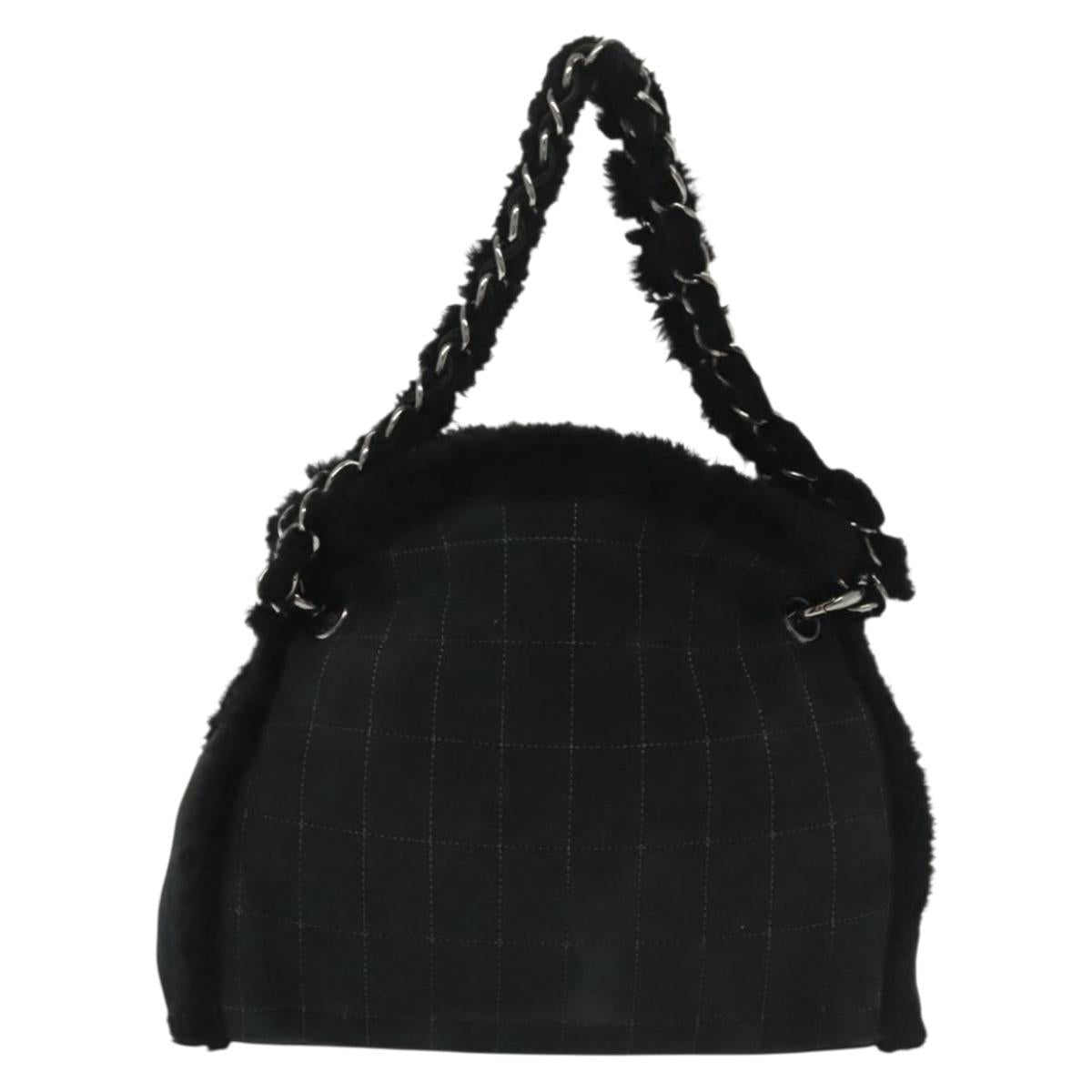 CHANEL Chain Choco Bar Shoulder Bag Mouton Black Silver CC Auth 140140