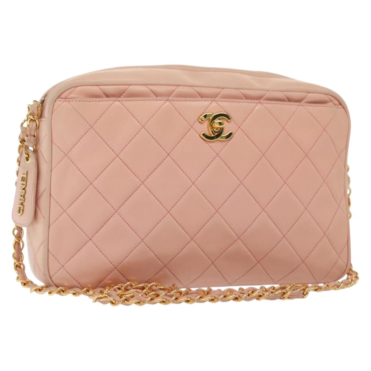 CHANEL Chain Matelasse Shoulder Bag Lamb Skin Pink Gold CC Auth 140142