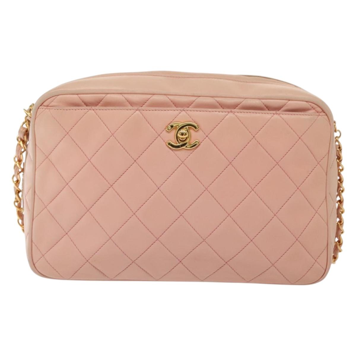 CHANEL Chain Matelasse Shoulder Bag Lamb Skin Pink Gold CC Auth 140142
