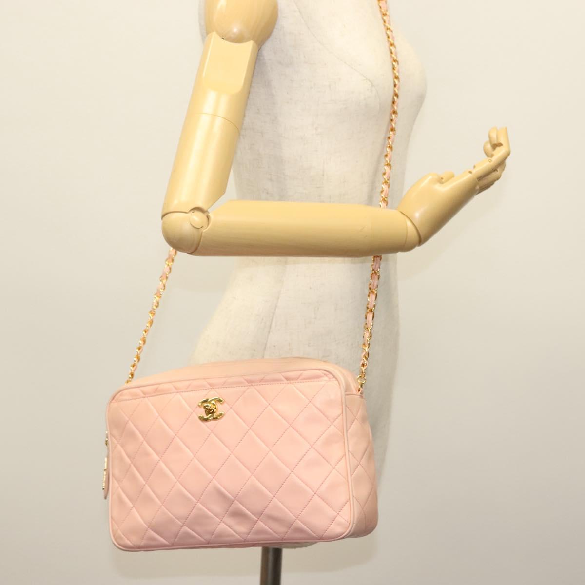 CHANEL Chain Matelasse Shoulder Bag Lamb Skin Pink Gold CC Auth 140142